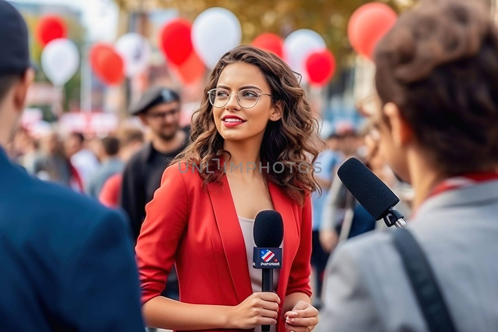 A woman with a microphone interviews people at a rally. by Yurich32