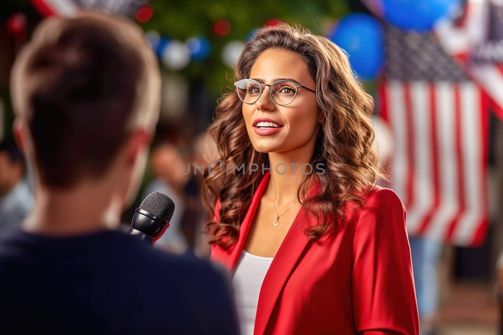 A woman with a microphone interviews people at a rally