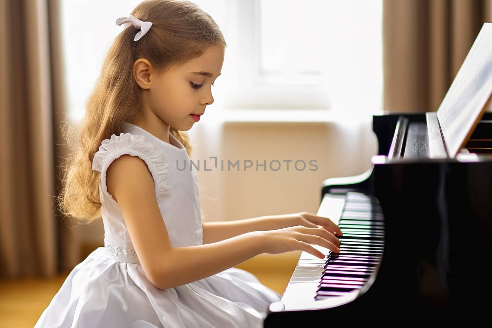 A little girl with long hair is learning to play the piano
