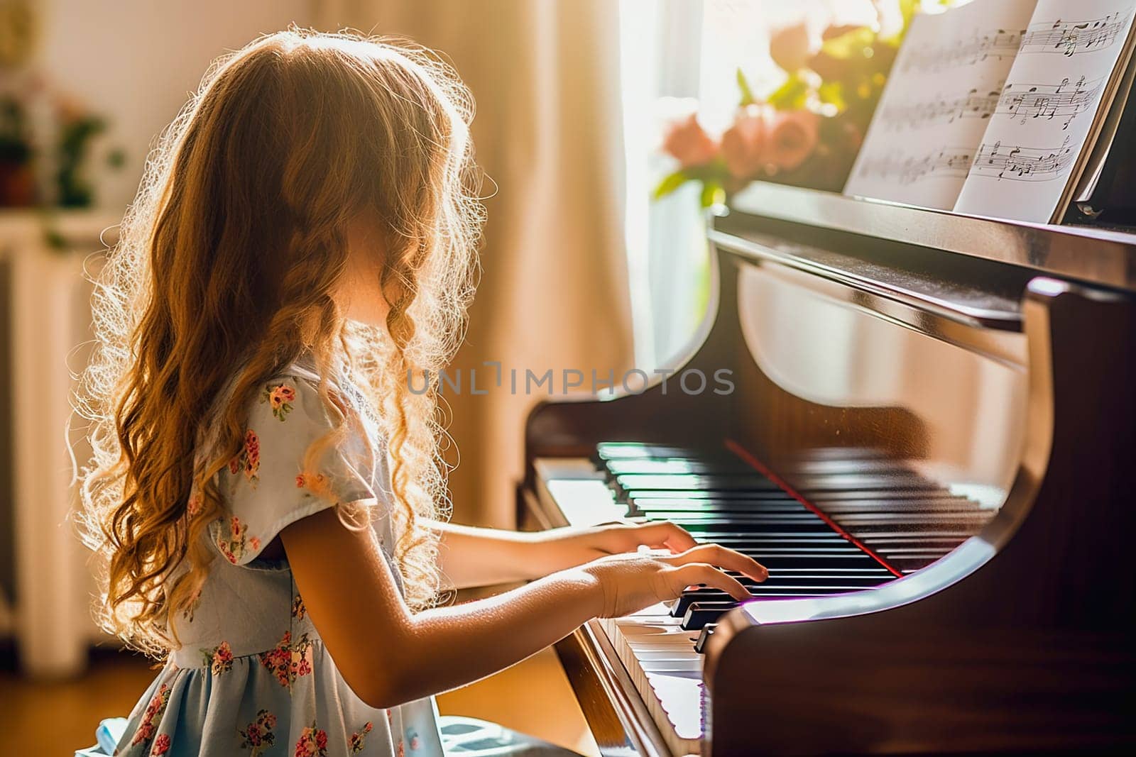 A little girl with long hair is learning to play the piano