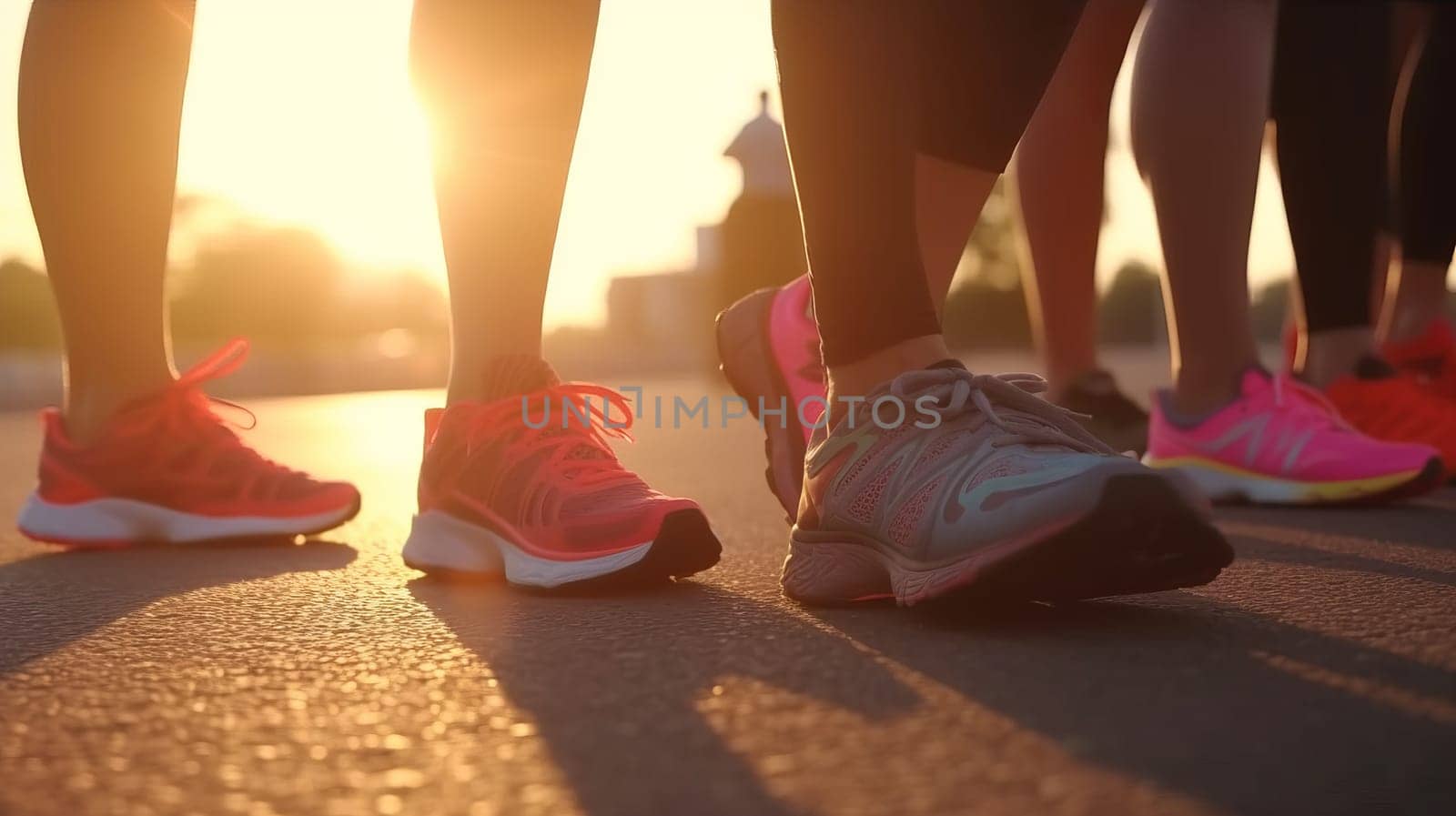 Close-up of feet of people in sneakers, standing on asphalt, in sunset light.