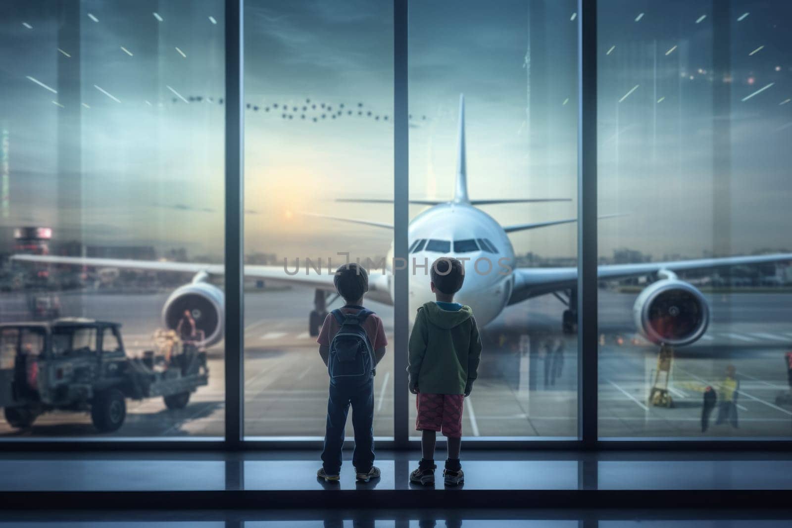 Two little boys watch through the airport window for standing plane.