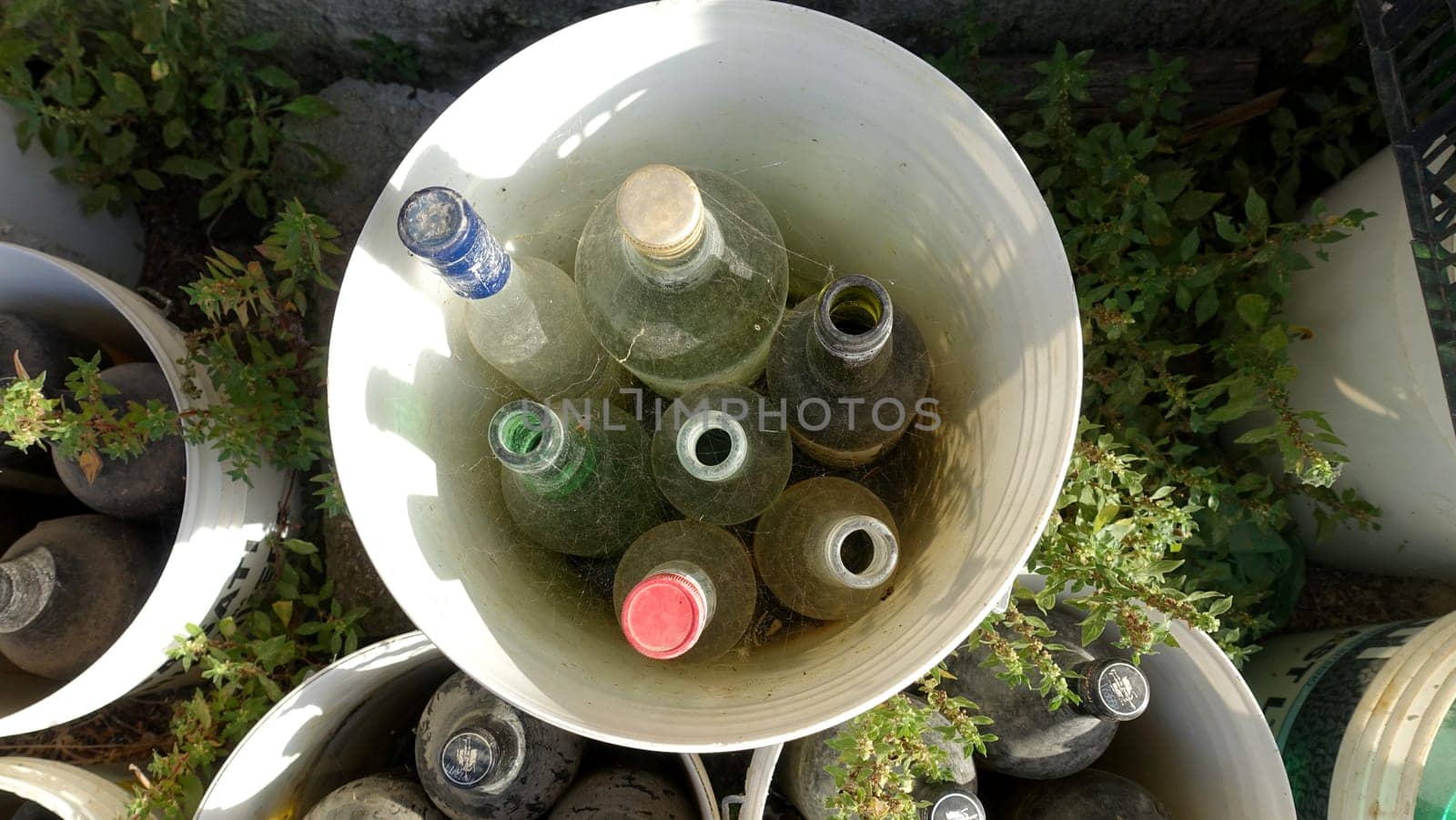 Ozieri, Sardinia, Italy. August 21 2021. Plastic boxes full of used and abandoned wine bottles in the countryside.