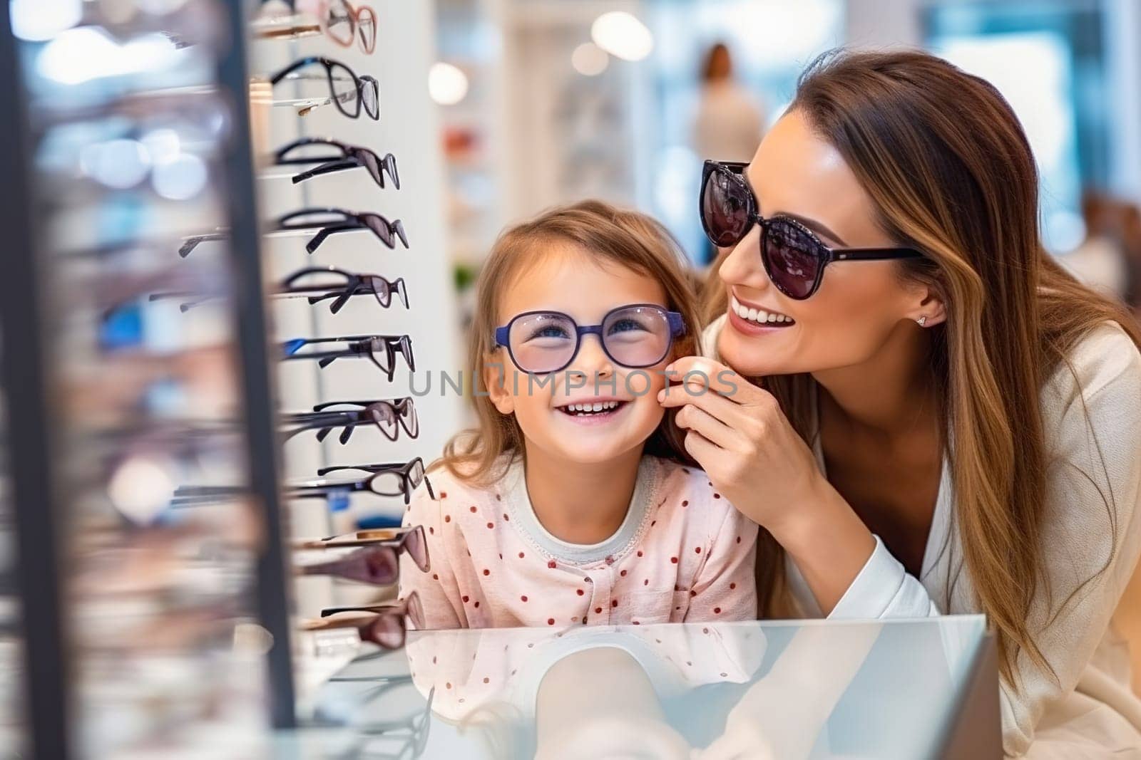 A happy mom picks out her young daughter's glasses. by Yurich32