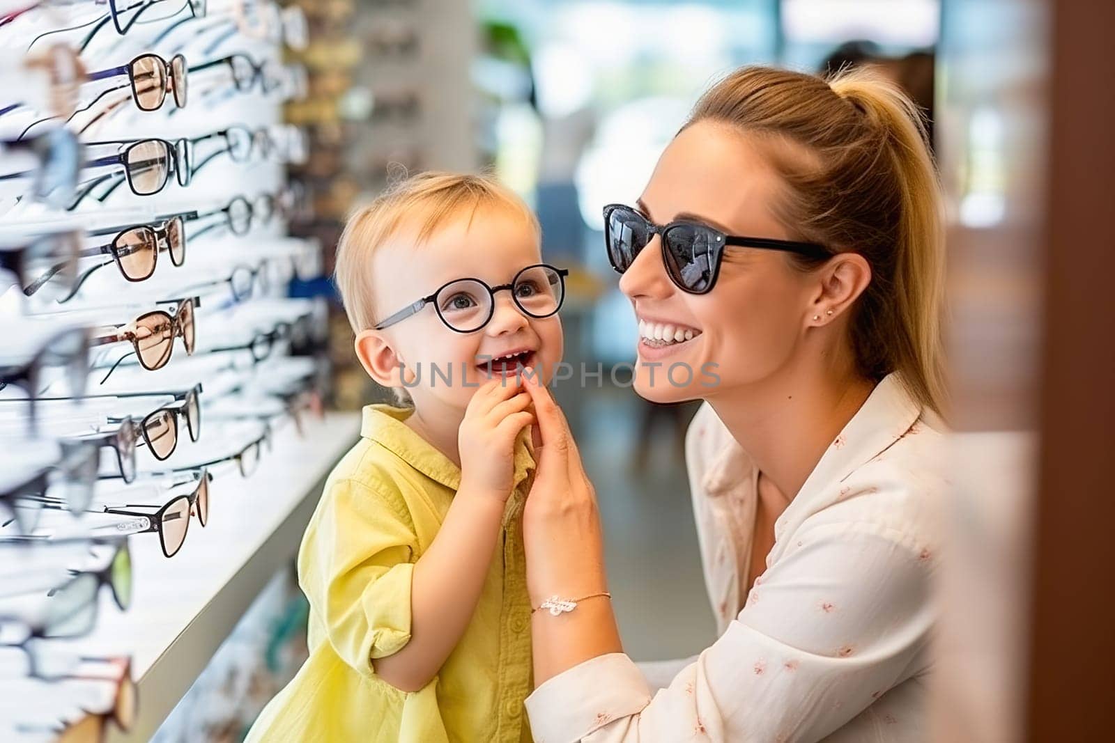 A happy mom picks out her young daughter's glasses. by Yurich32