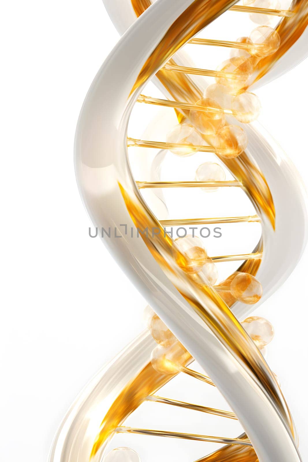 A dazzling and intricate golden and silver DNA strand, shot through radiant light, conjuring visions of scientific discovery and medical marvels - AI generative