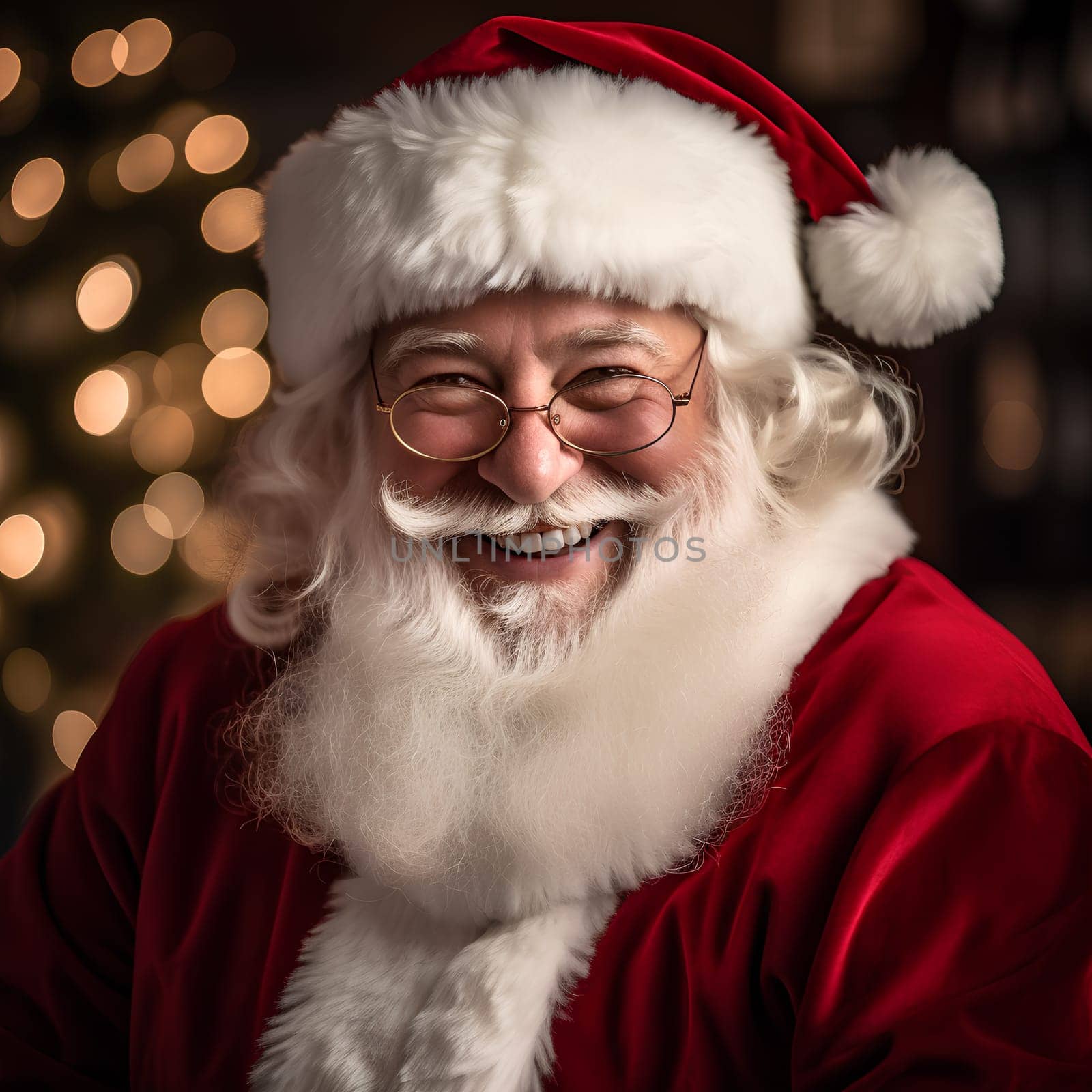A jolly Santa Claus beams for the camera, his face full of mirth and delight - AI Generative
