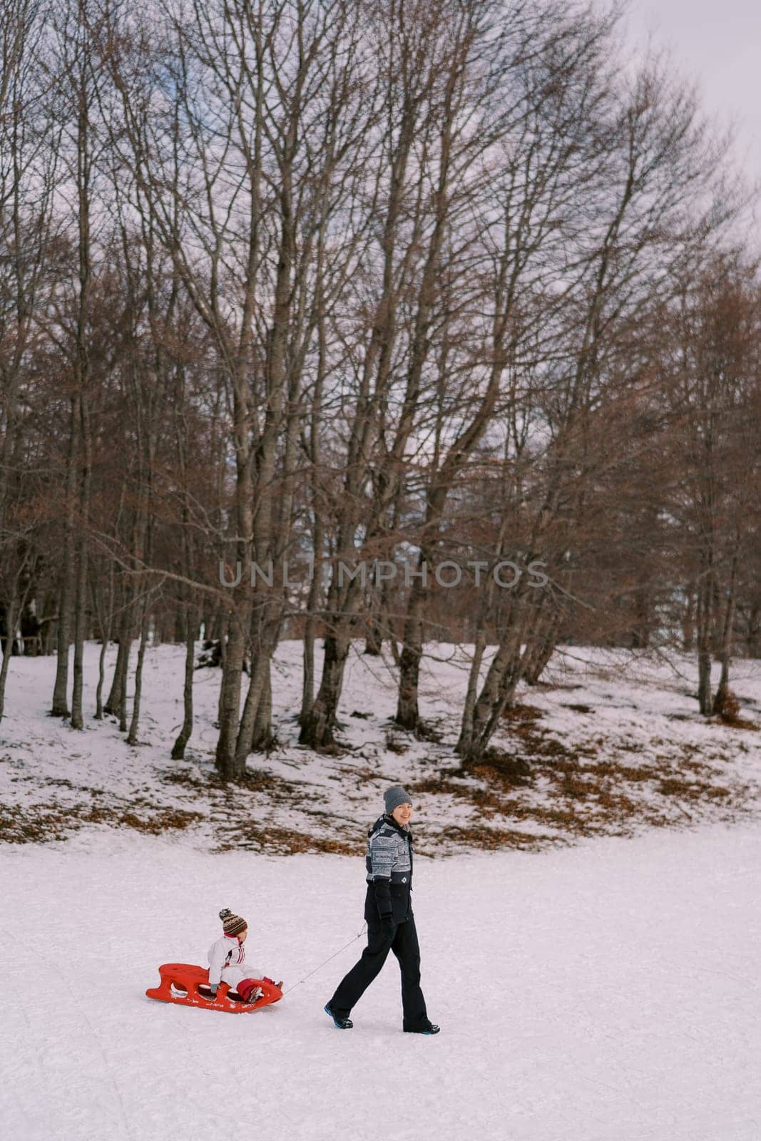 Smiling mother rolls a small child in a sled across a snowy plain. Side view. High quality photo