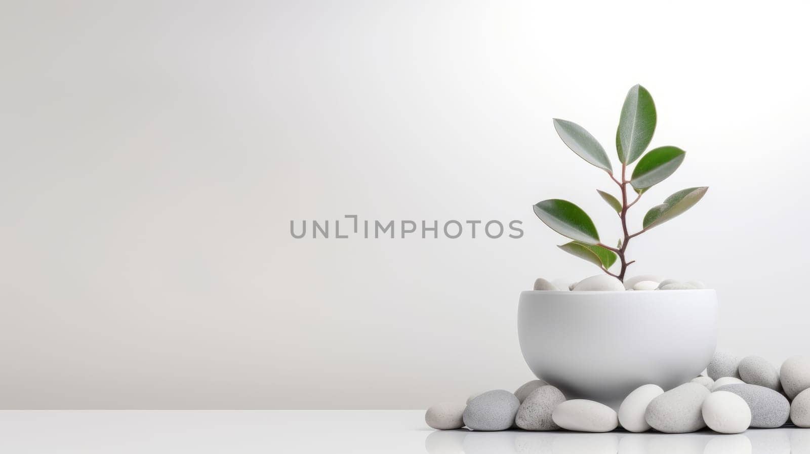 A small potted plant with white rocks on a white surface. This image shows a green plant in a white pot surrounded by white rocks. The plant has oval leaves and the pot is round. High quality photo