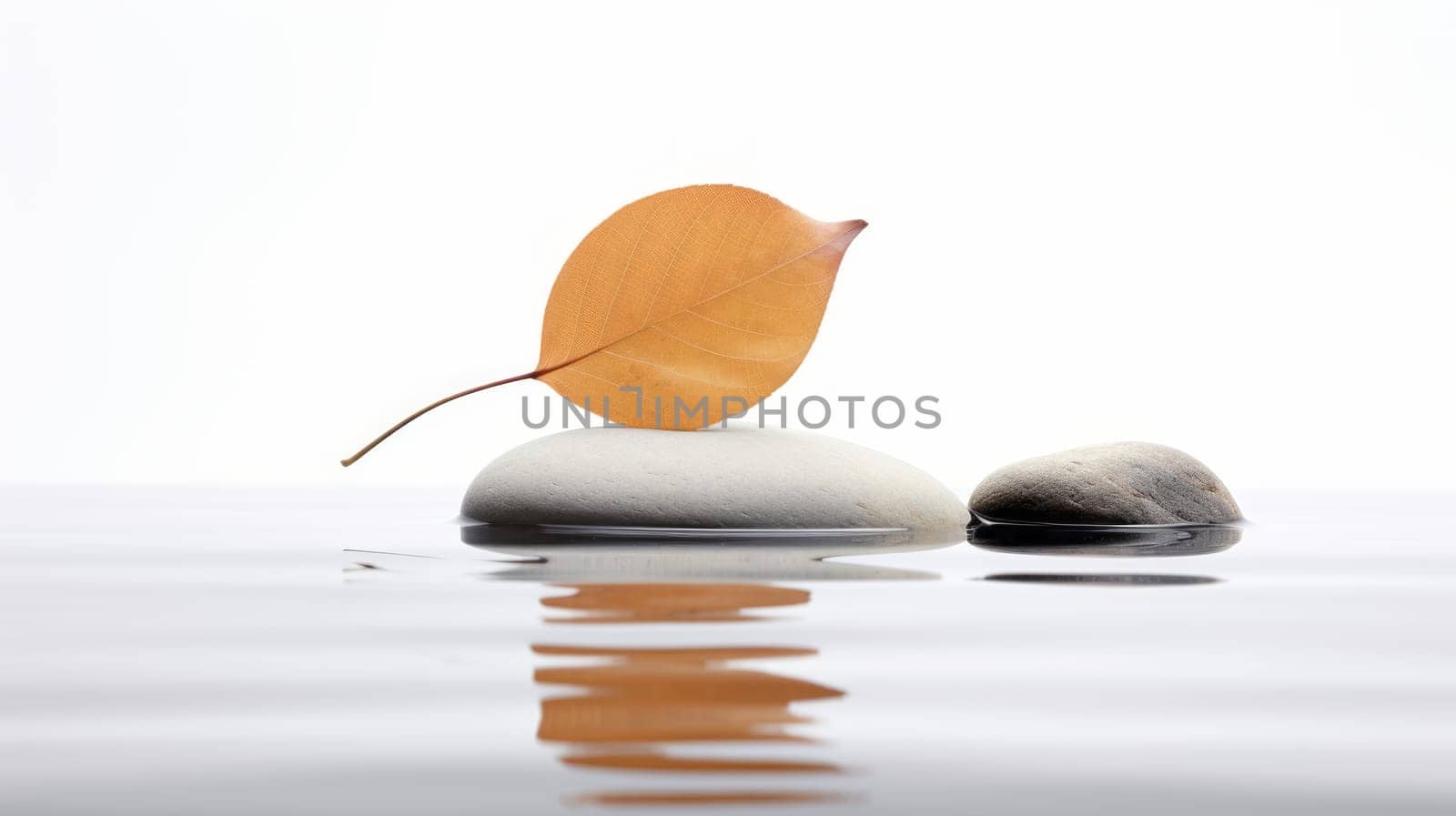 A yellow leaf on a white stone with water reflection on a white background. The leaf is pale yellow with a brown stem, resting on a smooth and rounded stone. High quality photo