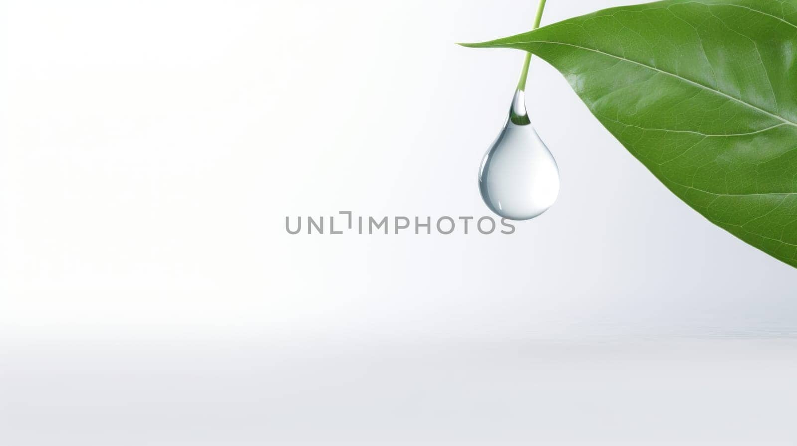 A green leaf with a water droplet on a whiteThe leaf is green and has a pointed tip. The water droplet is hanging from the tip of the leaf, creating a focal point. High quality photo