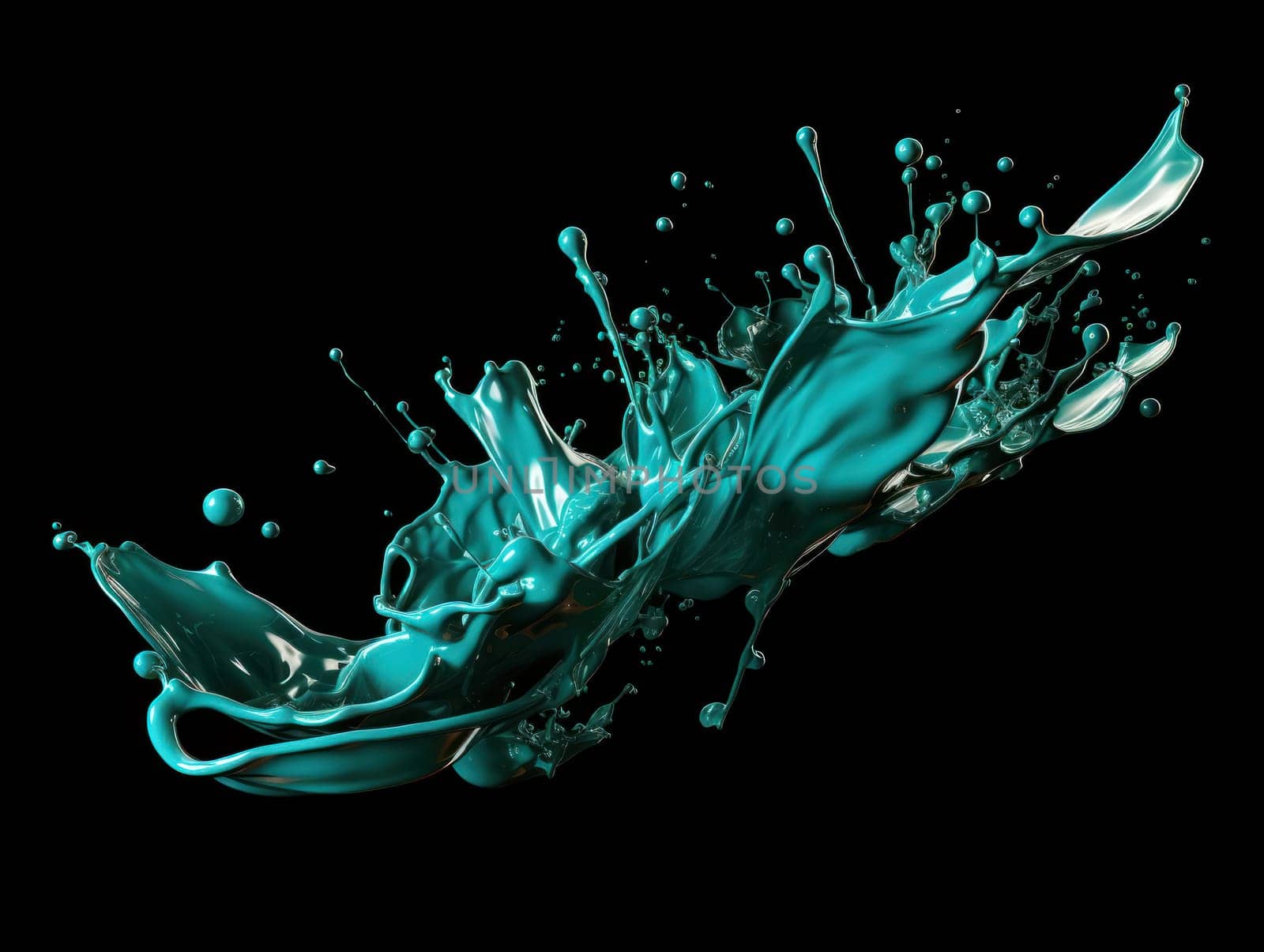 cyan paint splash on black background with drops and paint trail
