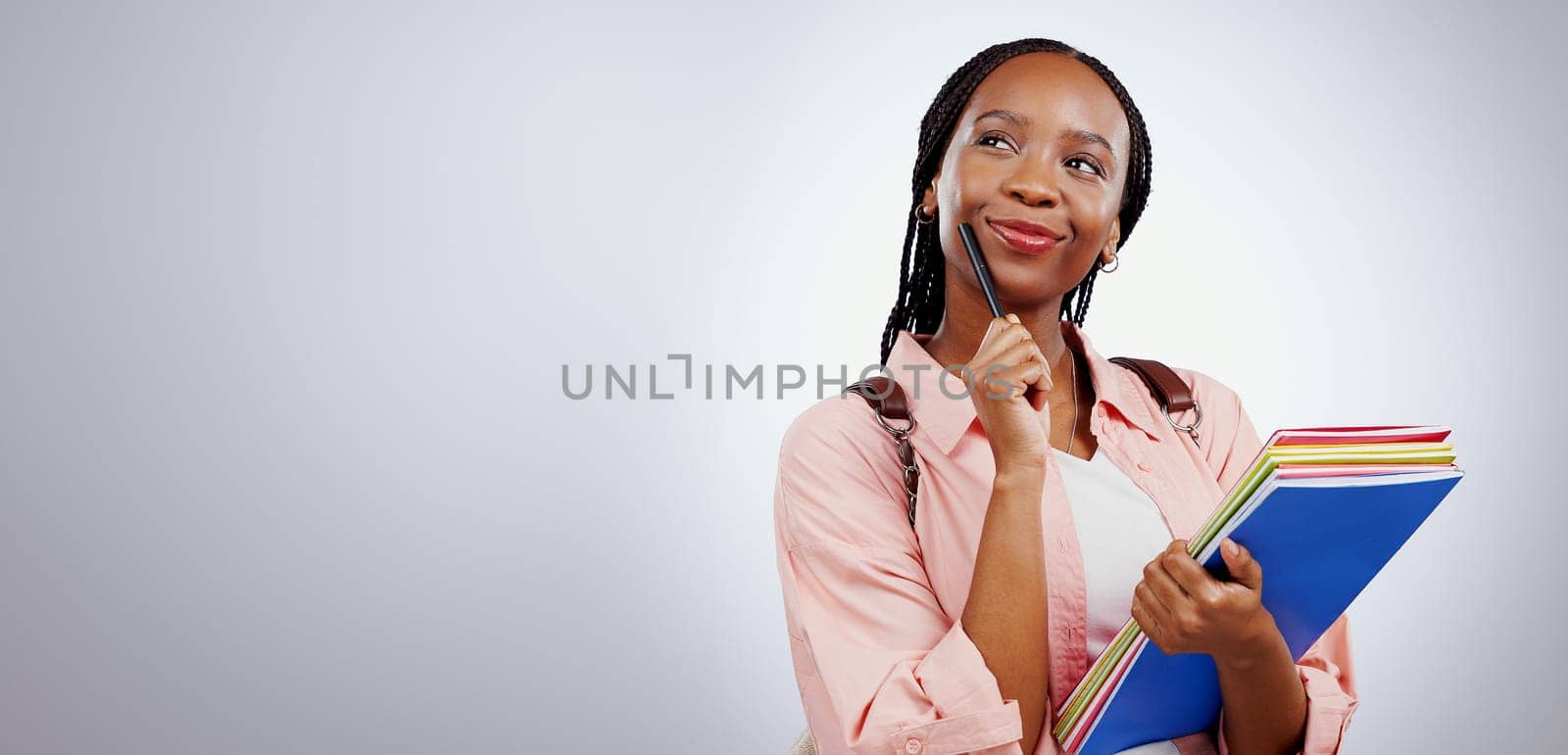 Student, woman thinking and education mockup or banner for learning, university or study choice or opportunity in studio. African person with books, ideas and vision for future on a white background.