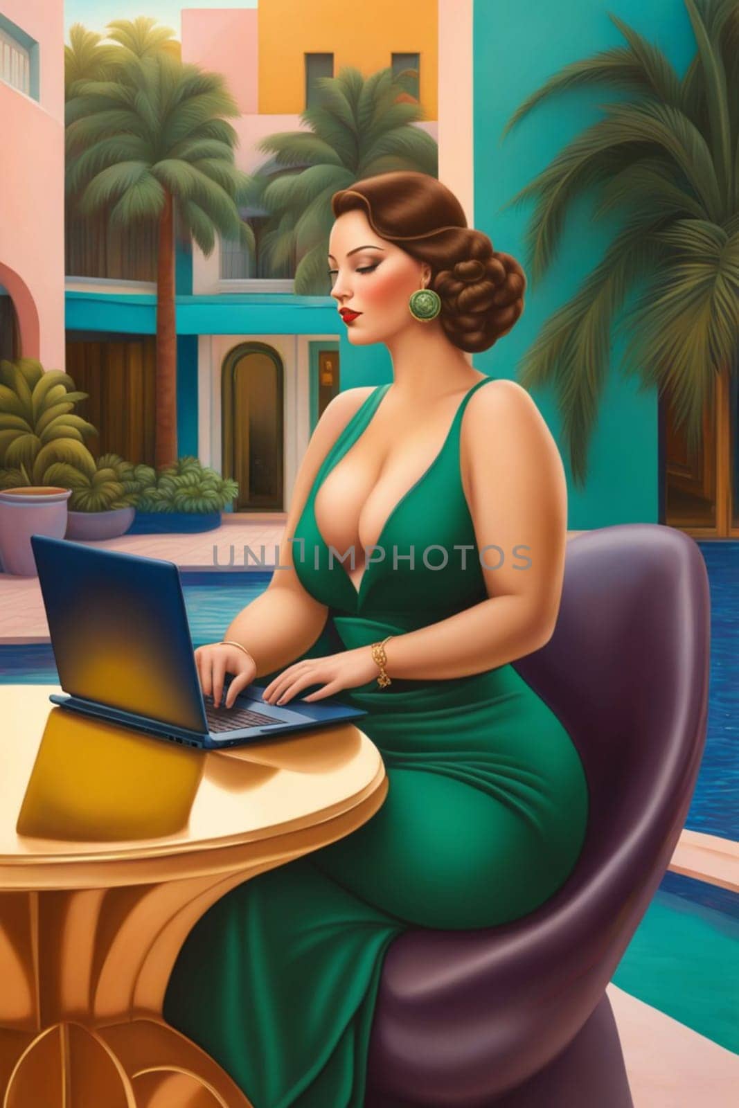 iilustration poster of voluptous female model remote working outdoors in a yard in caribbean villa by verbano