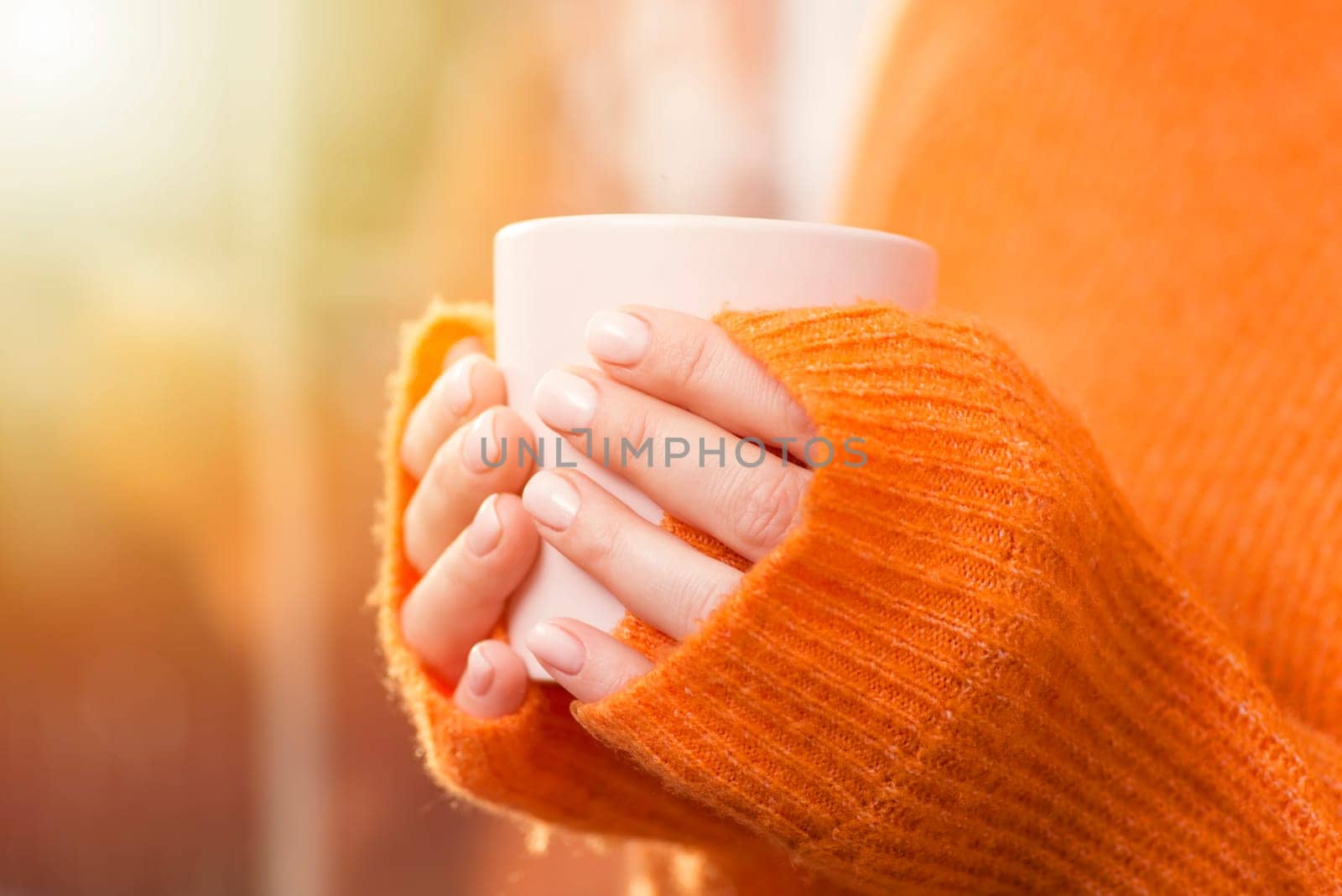 A woman drinks coffee at home with the sunrise through the window. Close up of womans hands are holding hot coffee cup near window at home