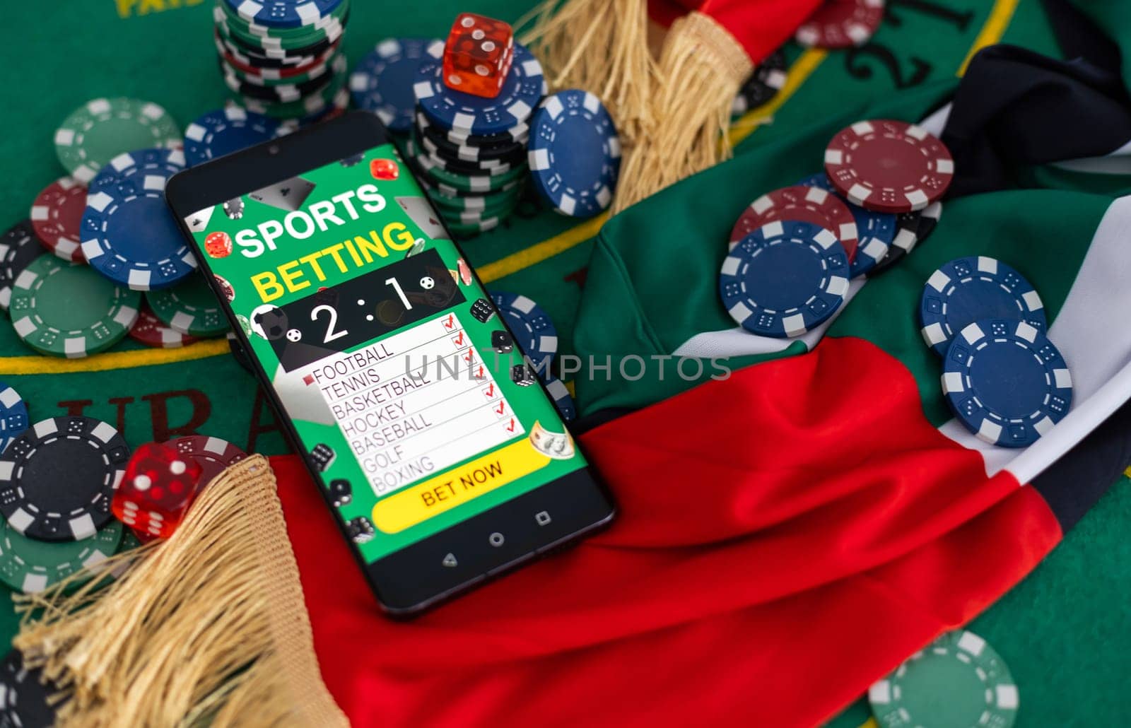 Gambling online casino Internet betting concept green screen. smartphone with poker chips, dice. Jackpot, casino chips. by Andelov13