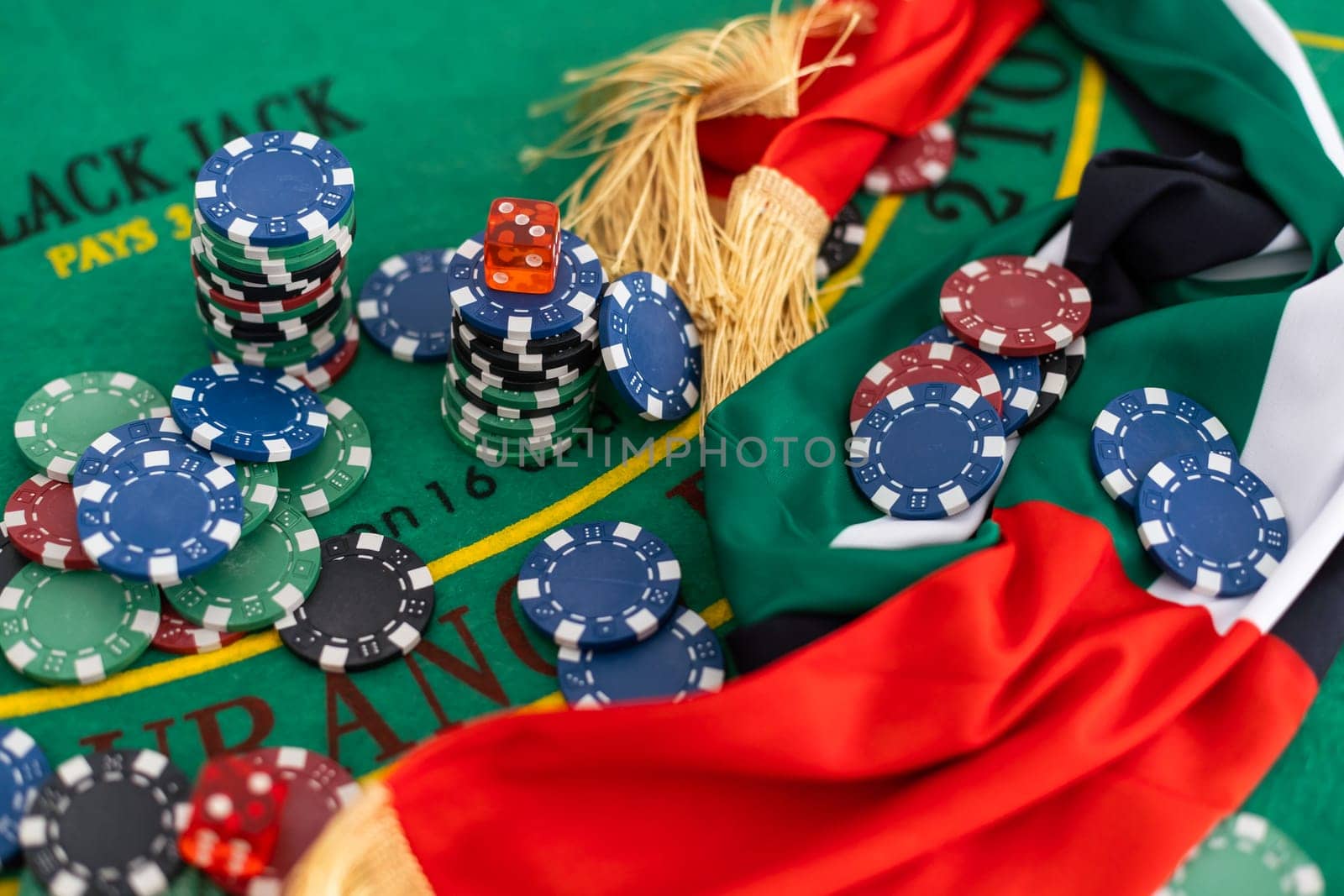 Gambling online casino Internet betting concept green screen. smartphone with poker chips, dice. Jackpot, casino chips. by Andelov13