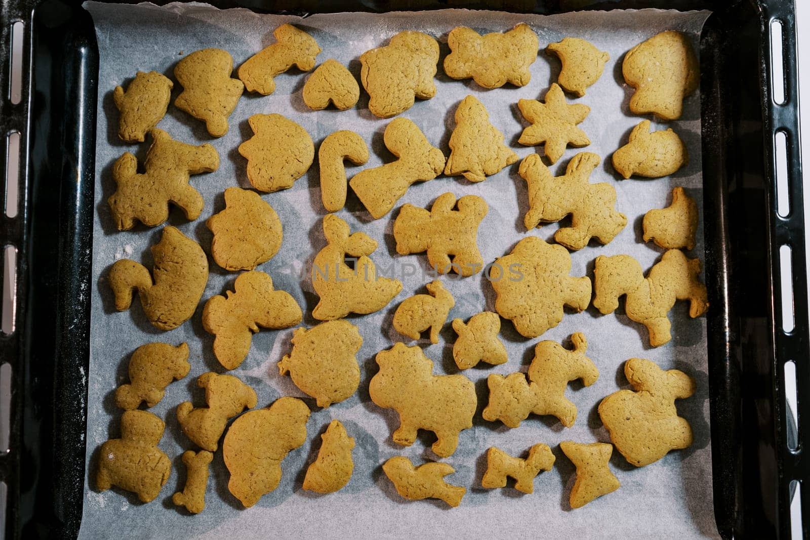 Freshly baked Christmas cookies lie on baking paper on a baking sheet. Top view. High quality photo