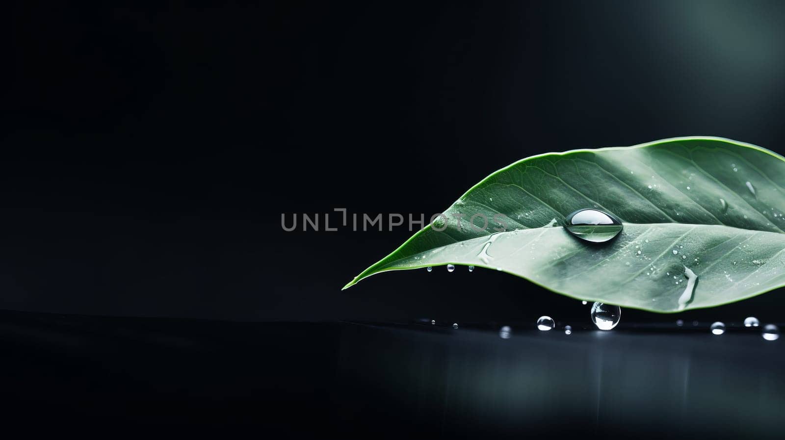 a close-up of a green leaf with a water droplet on it, showcasing the beauty of nature and the freshness of the plant. High quality photo