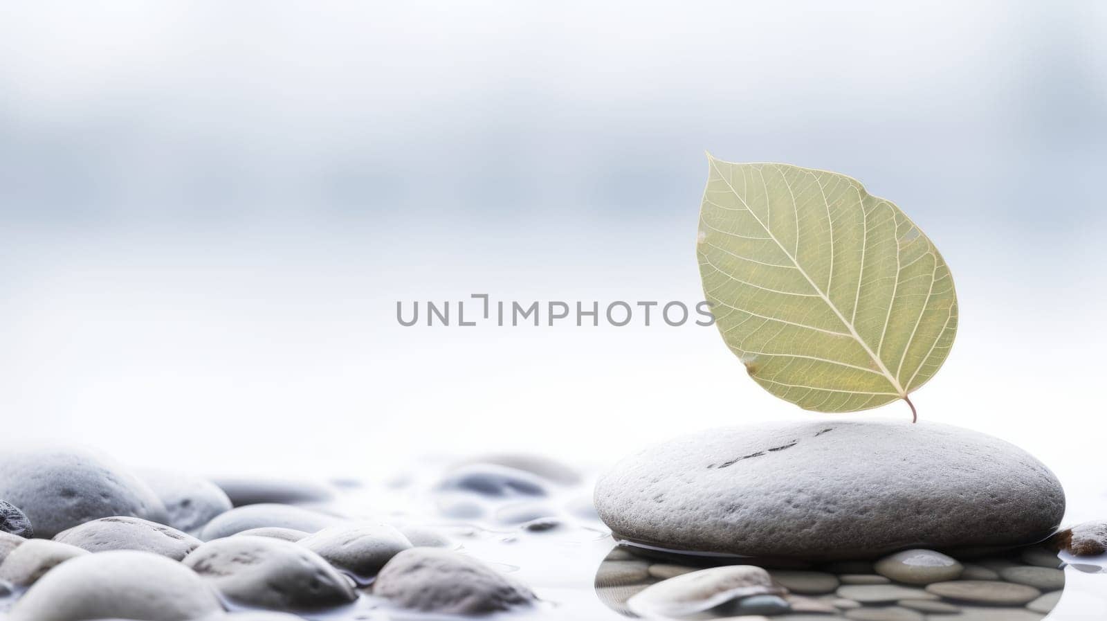 a leaf resting on a rock, with a blurred background of water and other rocks, creating a serene and tranquil scene. High quality photo