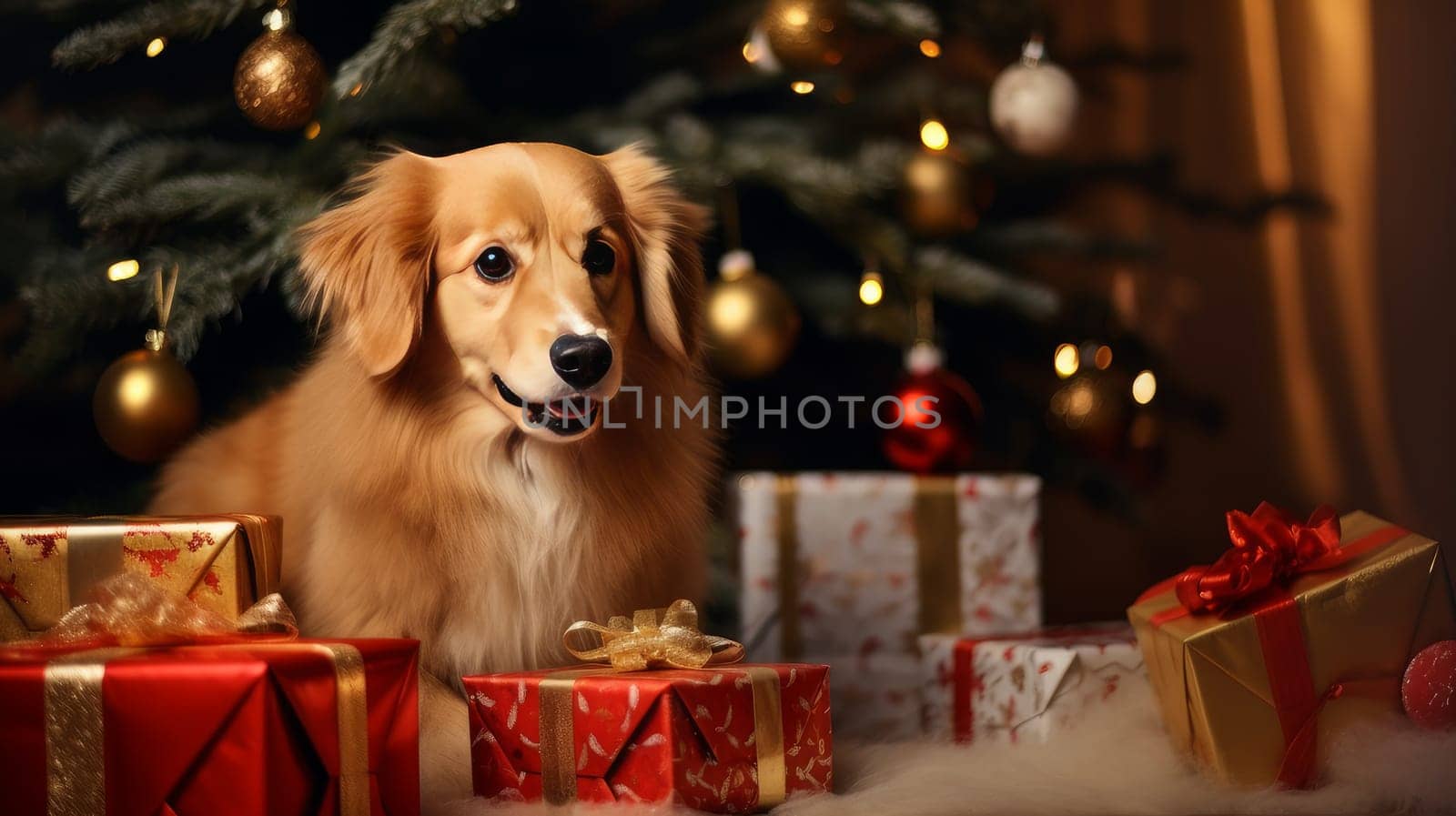 Cute dog near the Christmas tree and gifts. Merry Christmas and Happy New Year concept