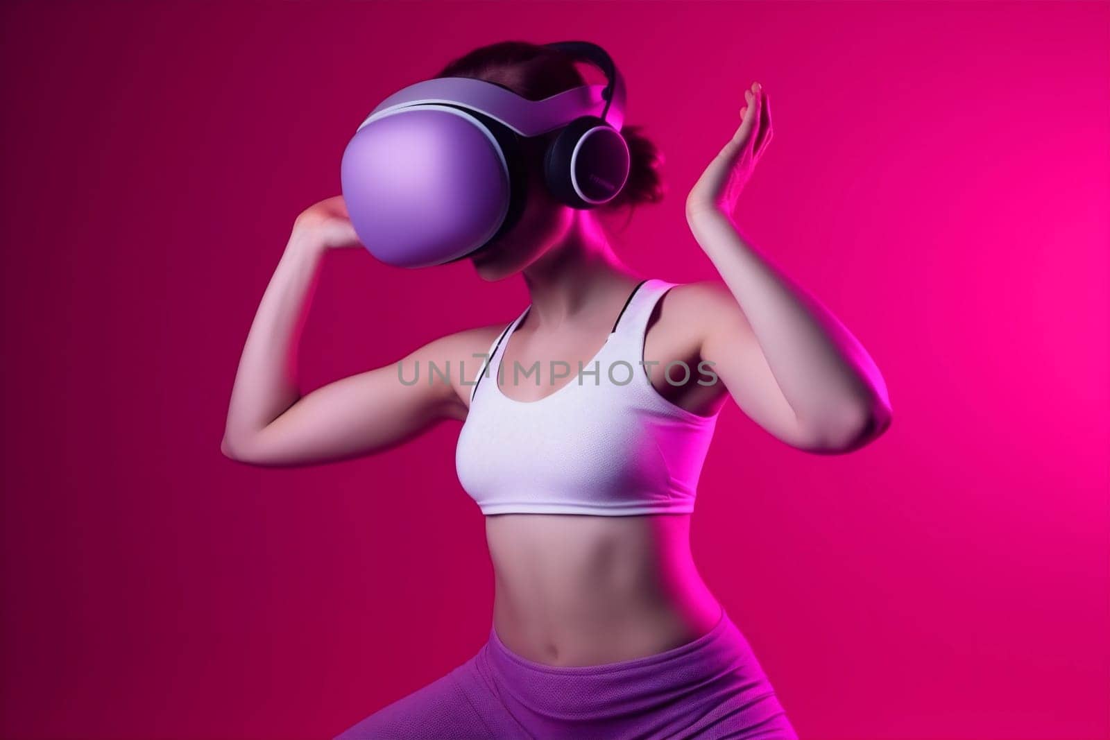 glasses woman reality virtual innovation vr game digital three-dimensional neon sport. Generative AI. by Vichizh