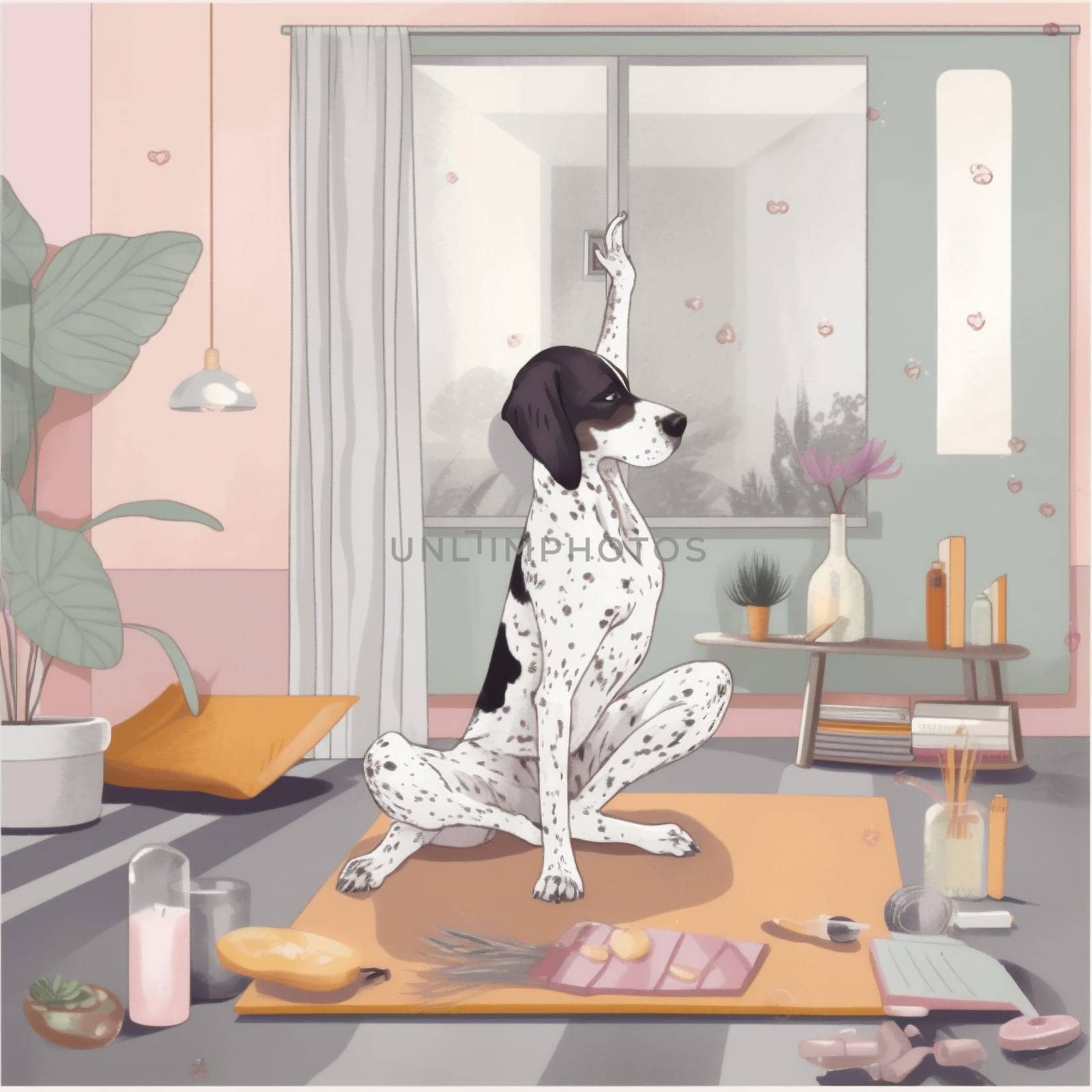 dog body woman yoga puppy cartoon fitness lifestyle home sport training. Generative AI. by Vichizh