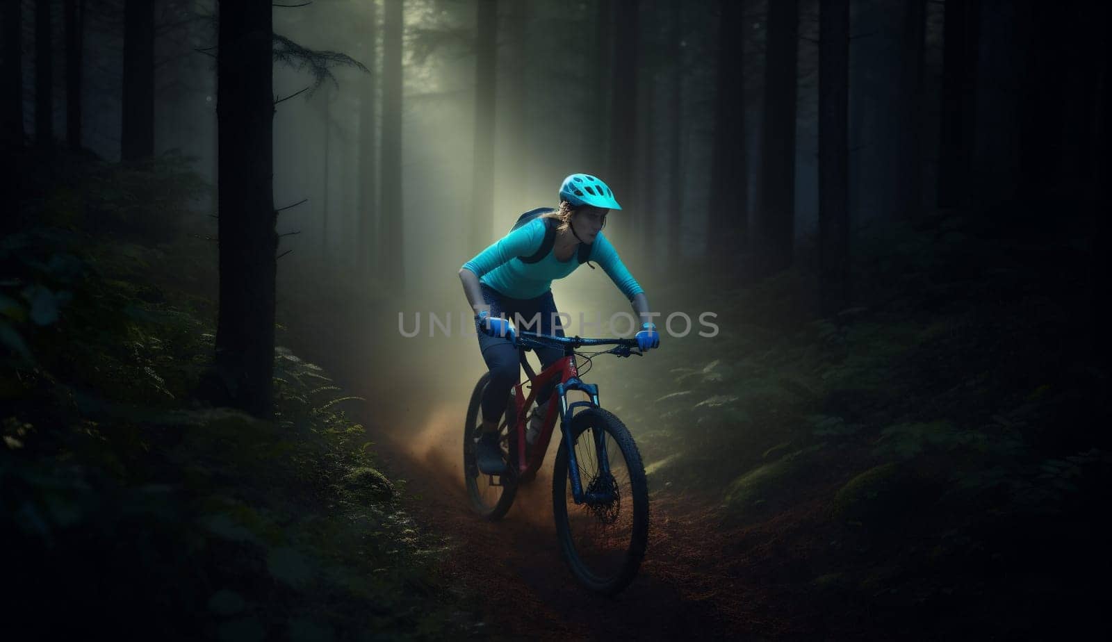 sunset woman tree exercise cycle ride summer trail sport bicycle fitness forest wood dark biker walking cycling riding bicyclist park bike. Generative AI.