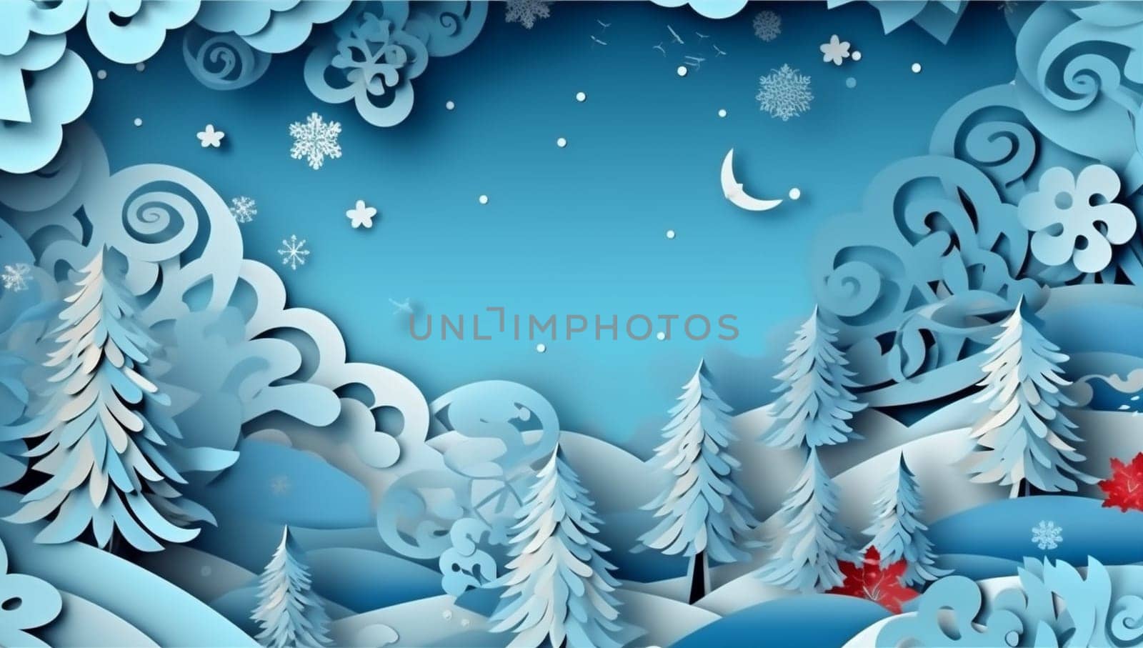 christmas blue art tree winter background merry paper cardboard snowflakes origami. Generative AI. by Vichizh