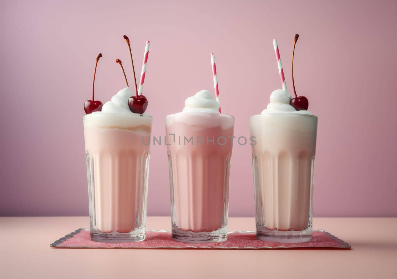 glass retro beverage cream pink drink ice sweet cocktail milkshake. Generative AI. by Vichizh