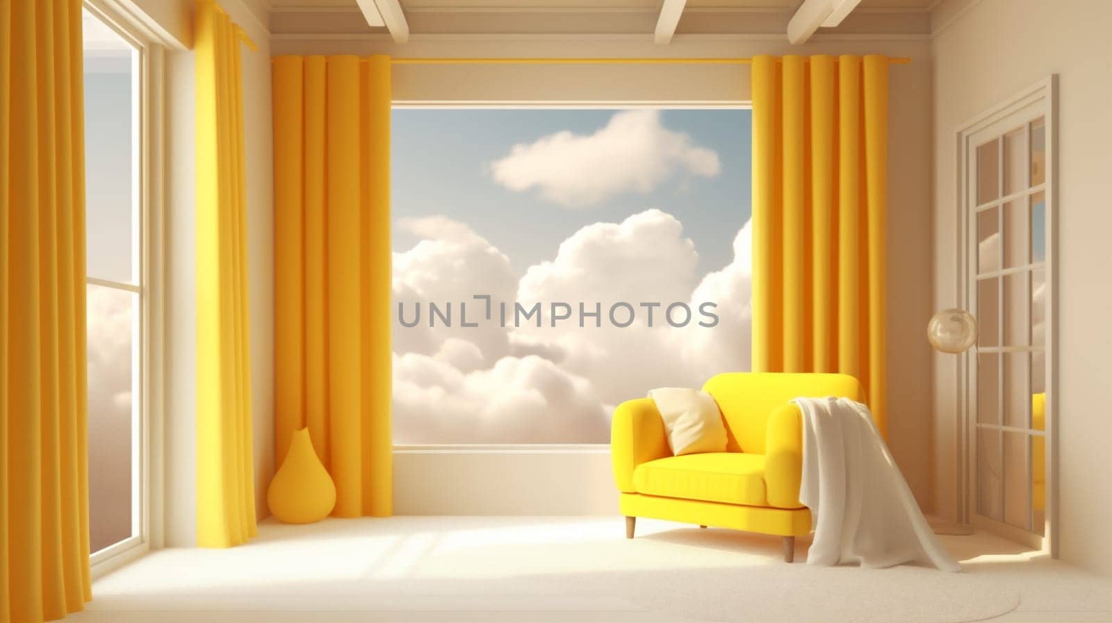 room stage abstract showcase cloud minimal cylinder yellow door pedestal. Generative AI. by Vichizh