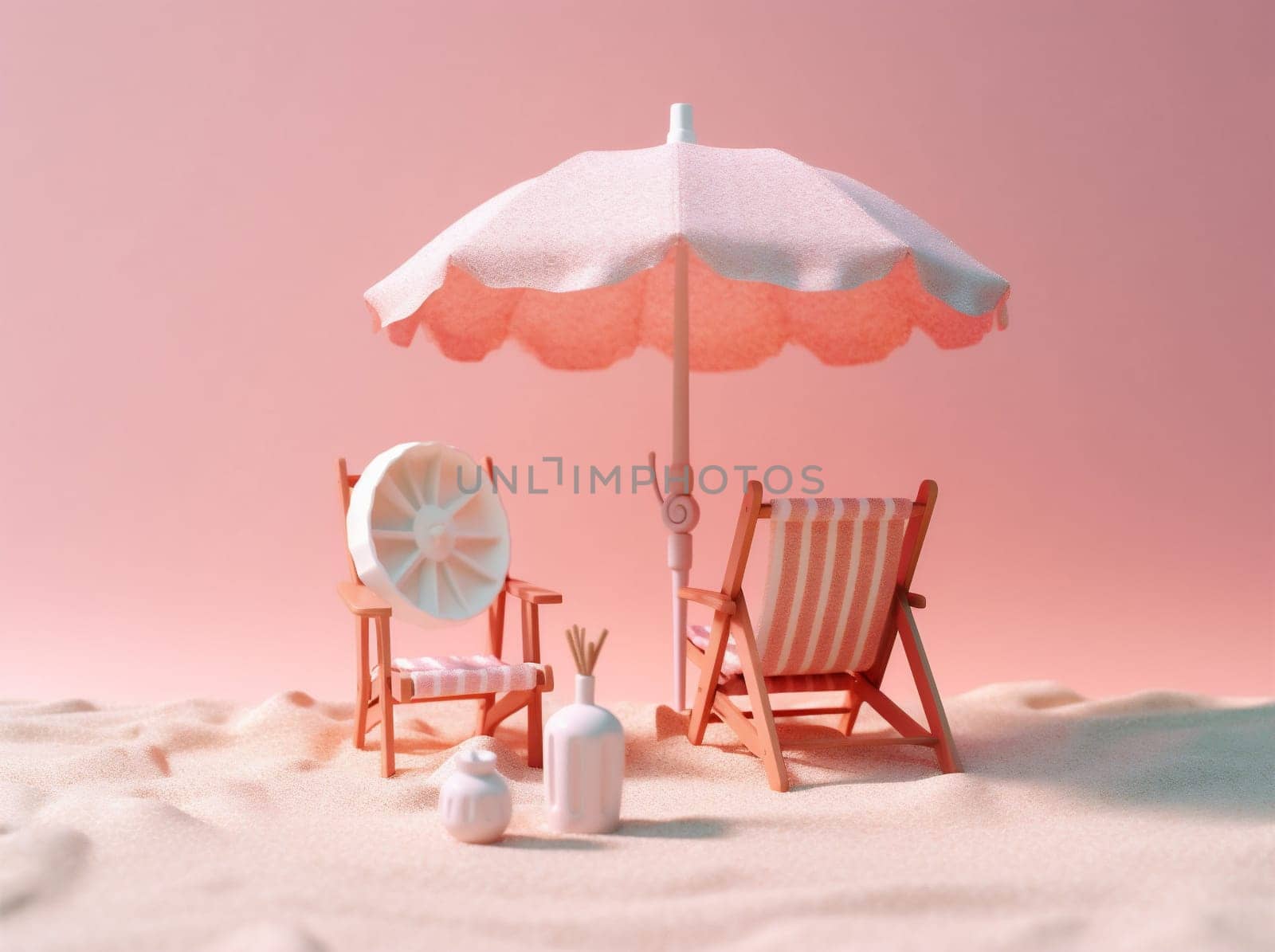 parasol chair umbrella retro sand pink summer vacation sun holiday. Generative AI. by Vichizh