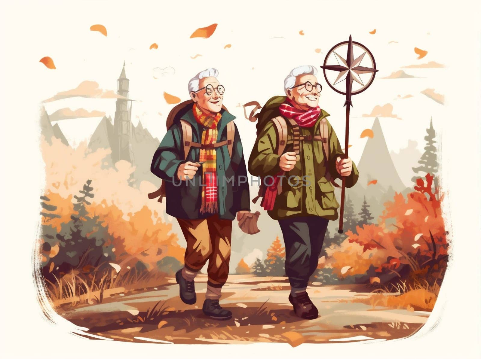 grandfather senior couple hiking old happy elderly active walking trekking. Generative AI. by Vichizh