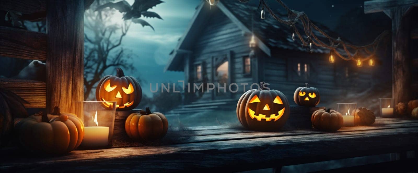 horror fear table grave halloween blue mystery background night evil pumpkin. Generative AI. by Vichizh