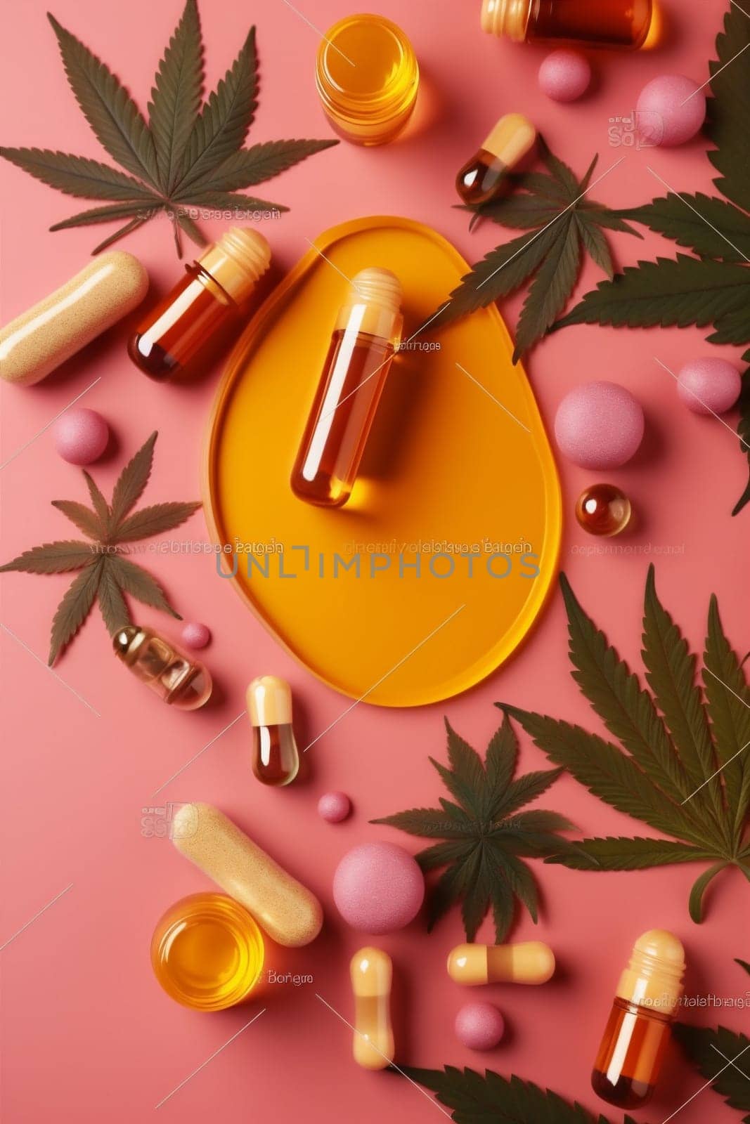 wooden food medicine pill herb cannabis leaf spoon healthy health cosmetic natural oil therapy capsule plant herbal nature care essential pharmaceutical. Generative AI.