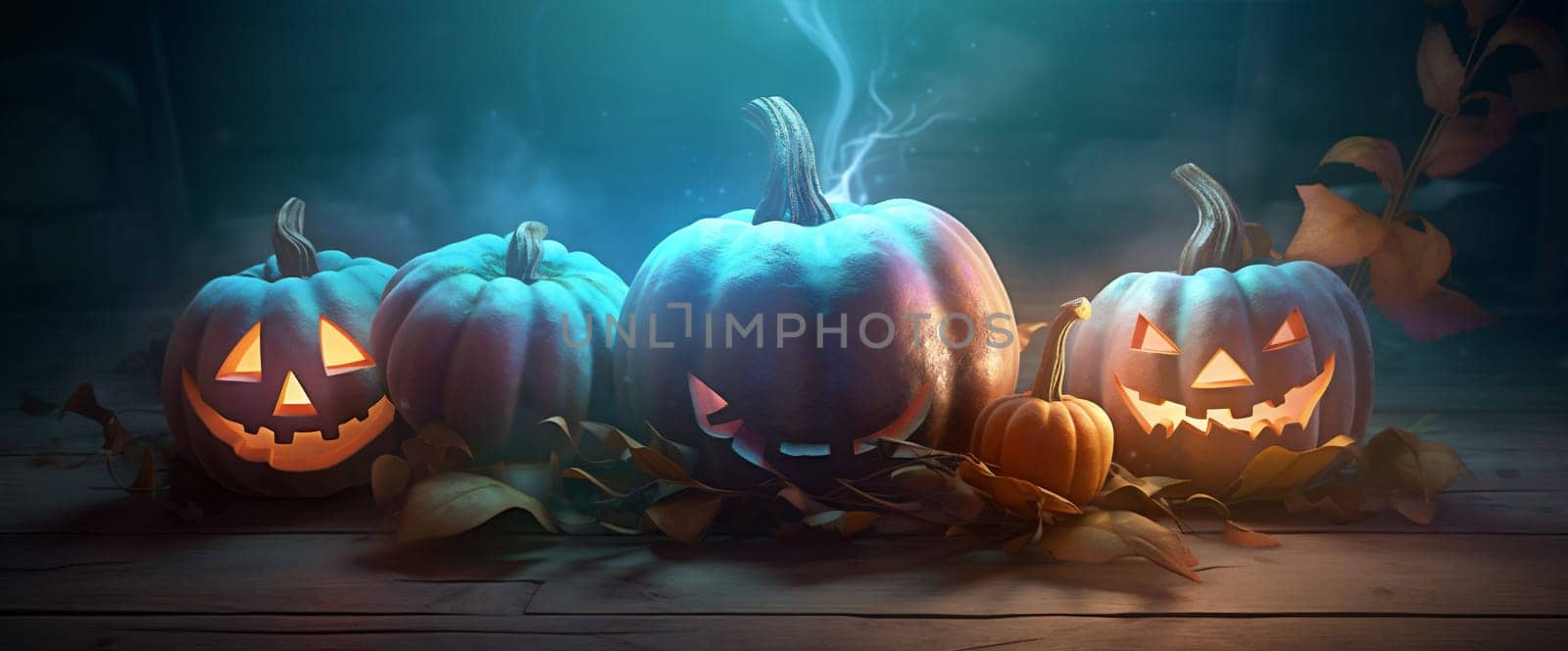 table blue fear evil pumpkin halloween night mystery horror fall background. Generative AI. by Vichizh