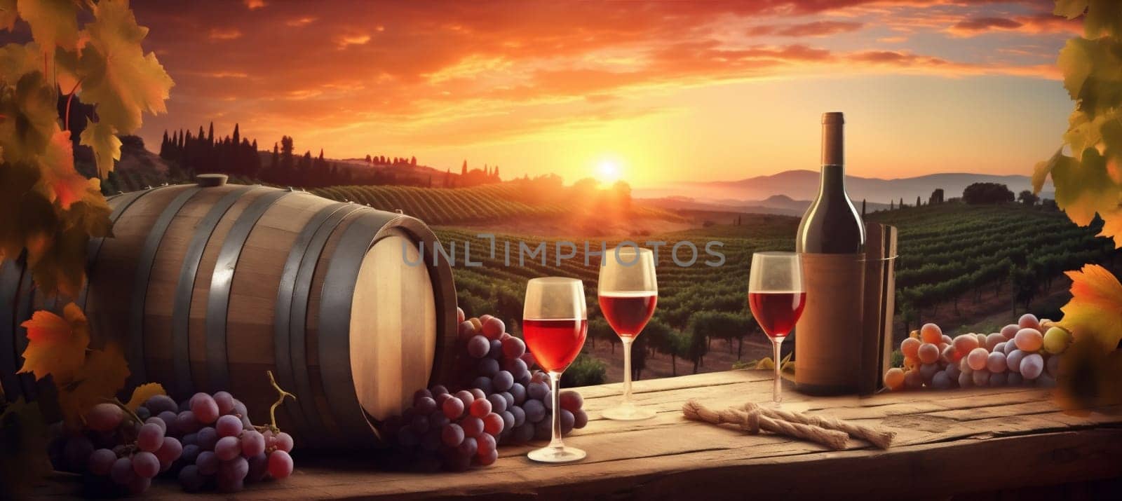 wine winery bottle beverage barrel alcohol grape drink sunset glass. Generative AI. by Vichizh