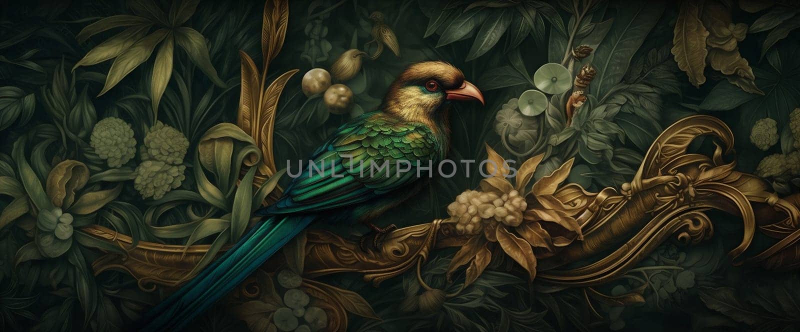 background isolated parrot exotic jungle flora interior wallpaper leaf brazil flower art retro palm tropical beige vacation bird nature design. Generative AI.