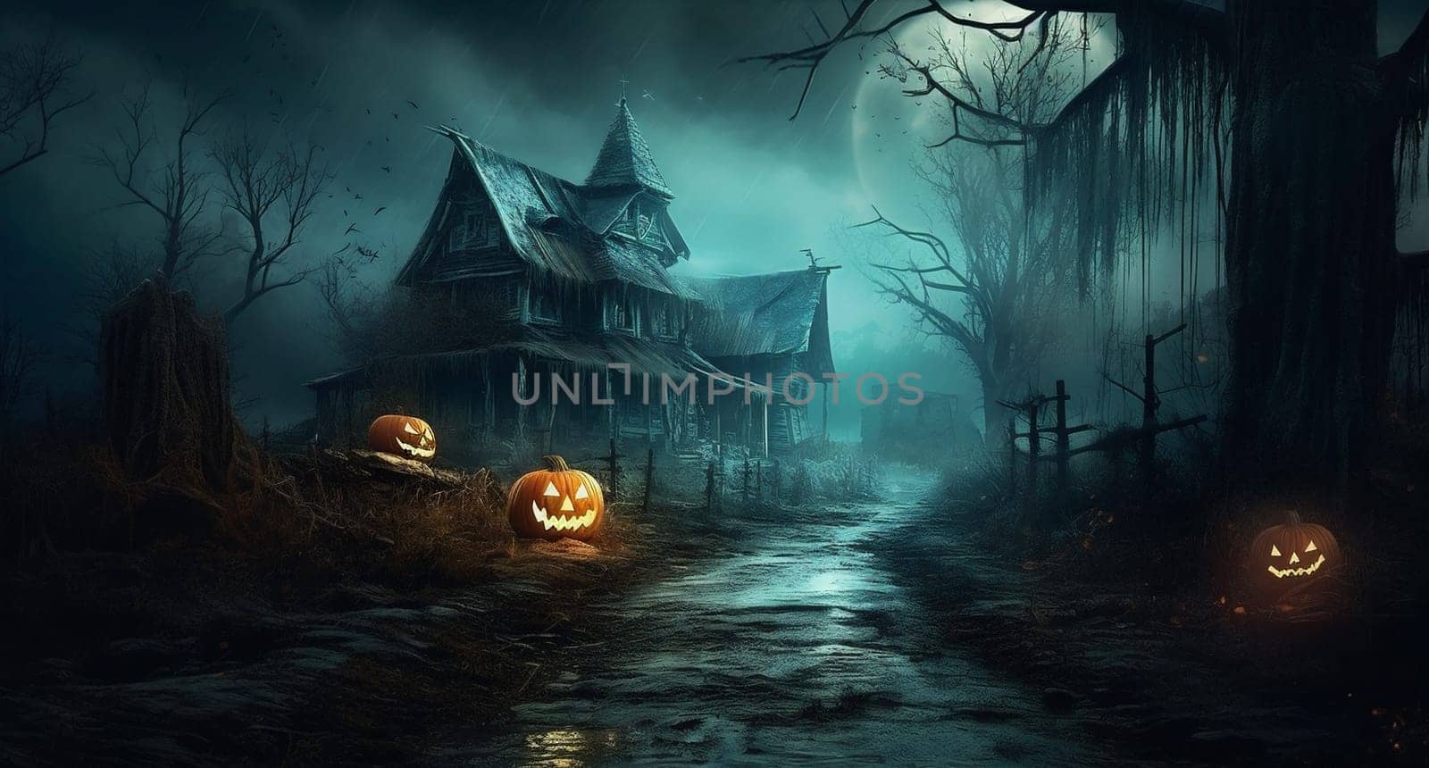 pumpkin haunted halloween fear design halloween horror cemetery evil tombstone bat background october night moon landscape house darkness grave holiday dark. Generative AI.