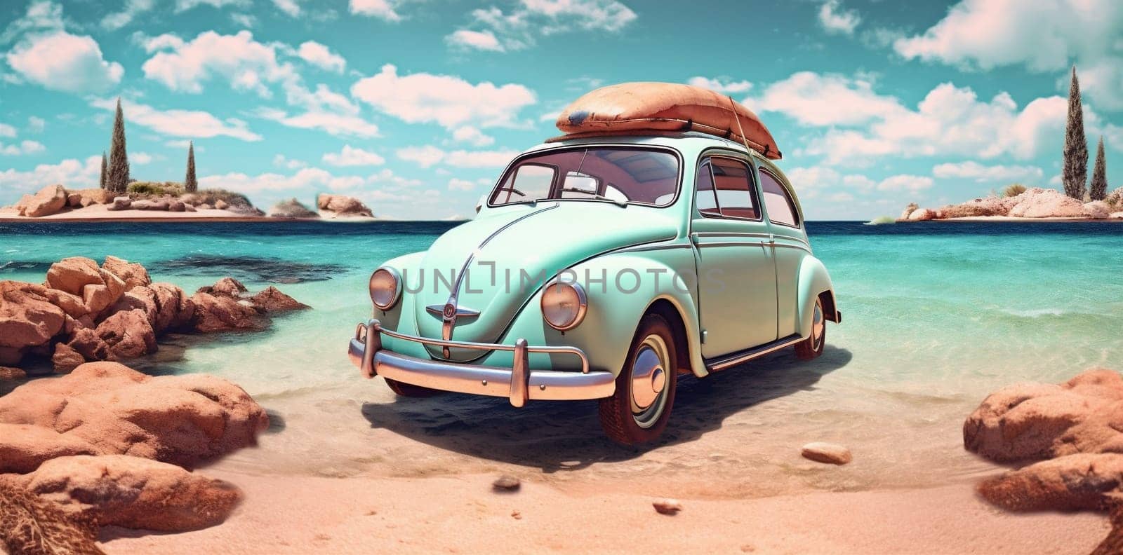 vintage transport transportation summer retro vehicle vacation sea travel car auto journey tropical leisure suitcase beach trip creative old road. Generative AI.