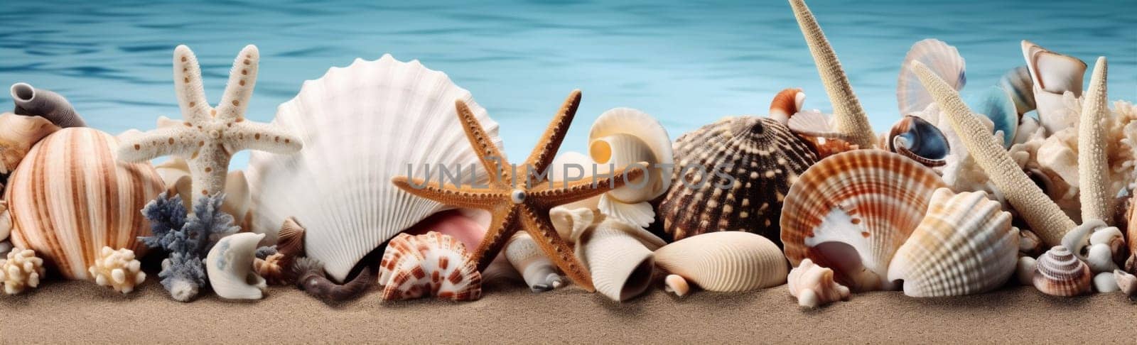 ocean beach holiday sea shell nature banner sand summer tropical. Generative AI. by Vichizh