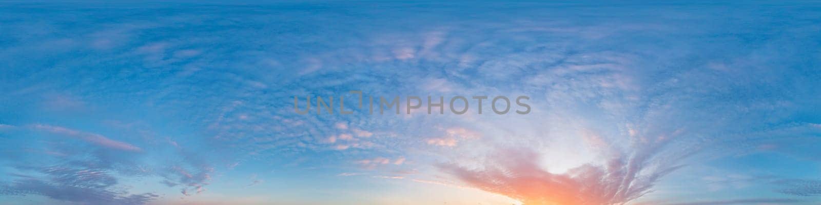 Bright sunset sky panorama with Cirrus clouds. Seamless hdr spherical equirectangular 360 panorama. Sky dome or zenith for 3D visualization, game and sky replacement for aerial drone 360 panoramas.