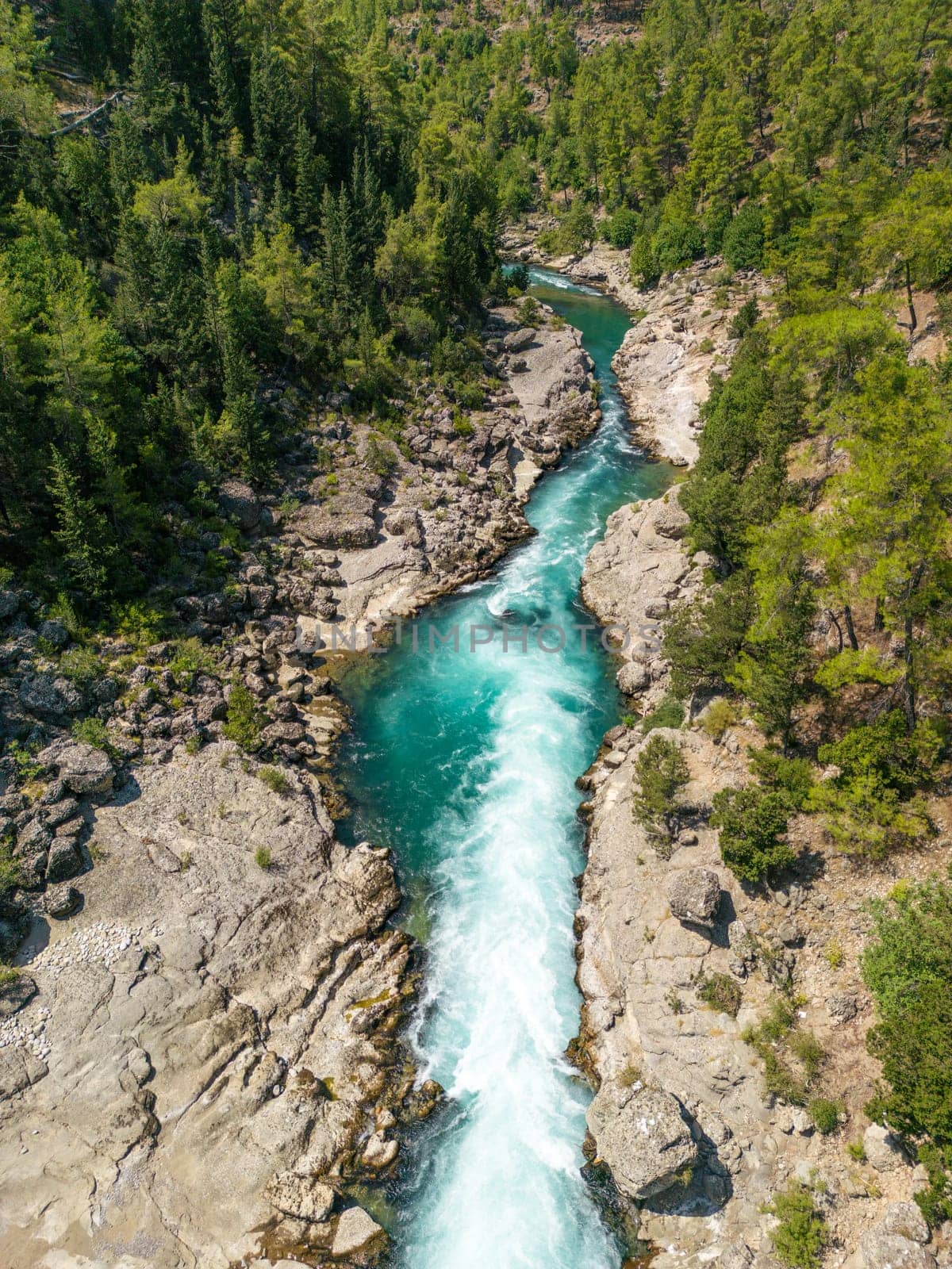 Aerial drone shot of Koprucay river from Koprulu Canyon in Manavgat, Antalya, Turkey