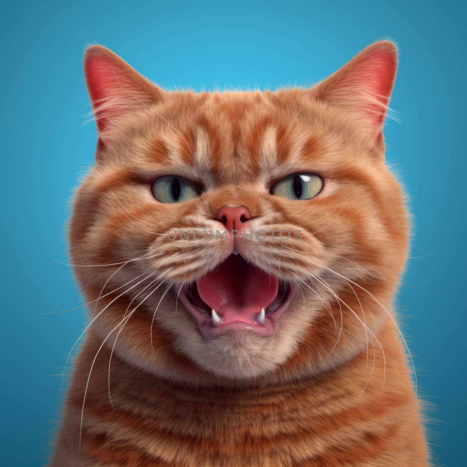 Funny portrait of angry ginger cat with opened mouth on Isolated blue background, look at camera.