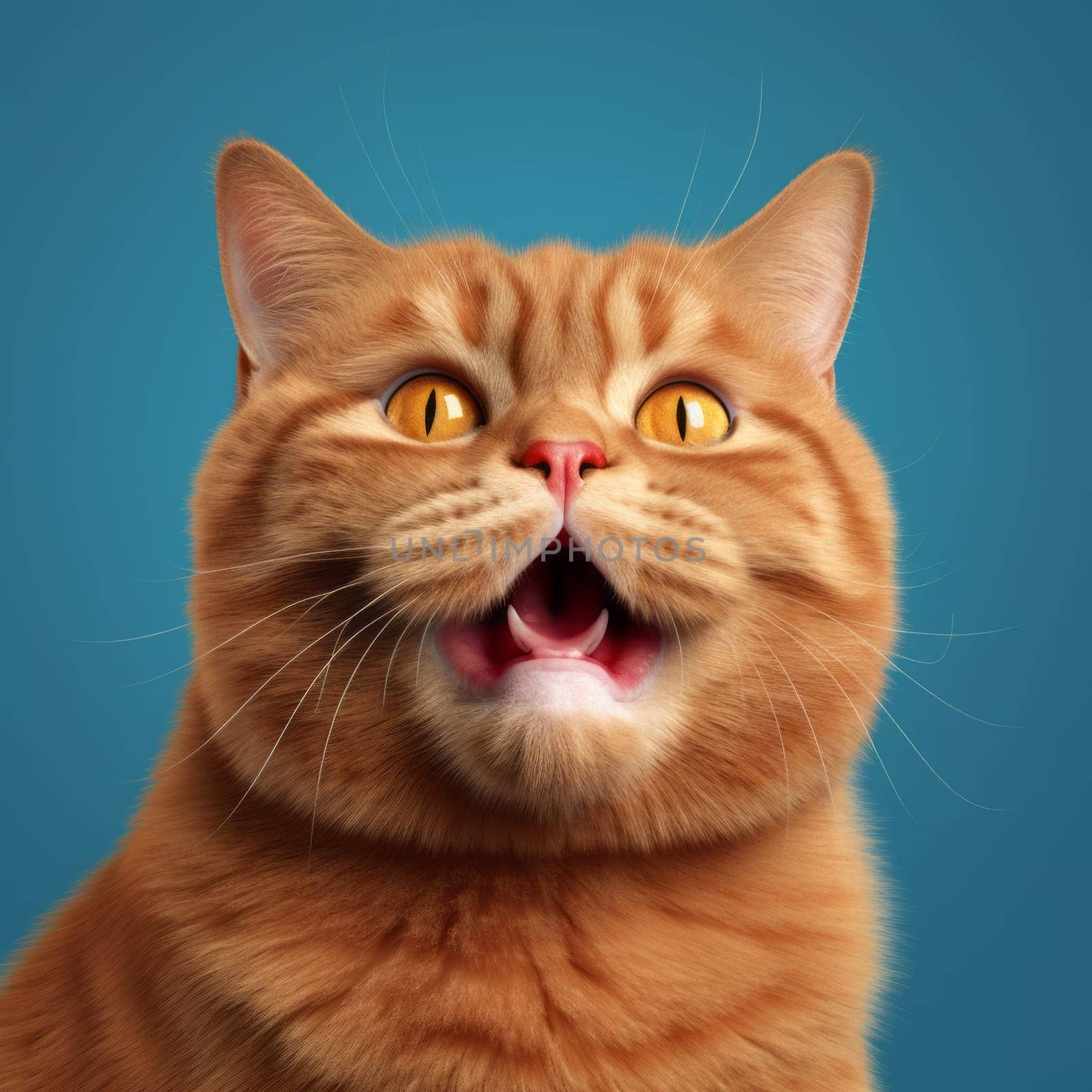 Funny portrait of happy ginger cat with opened mouth on Isolated blue background, looks up