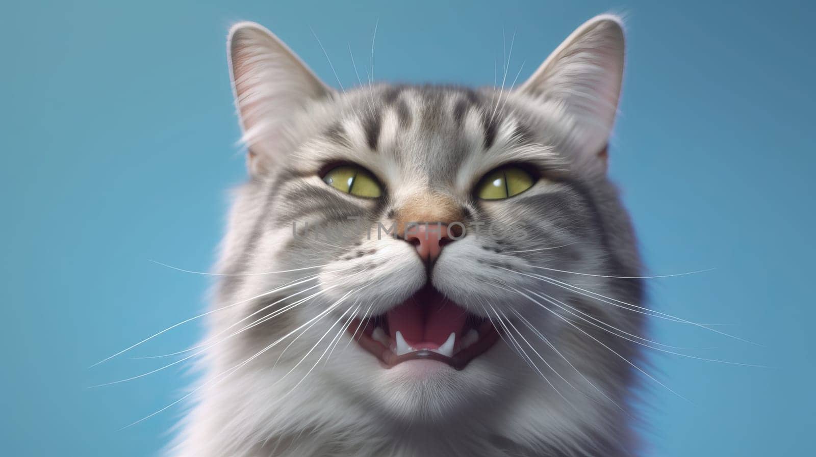 Cute portrait of happy gray kitty with opened mouth on Isolated blue background, looks up.