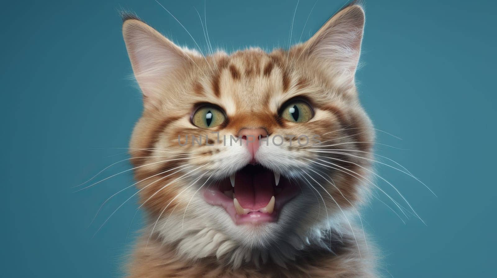 Funny portrait of happy kitty with opened mouth on Isolated blue background, look at camera.