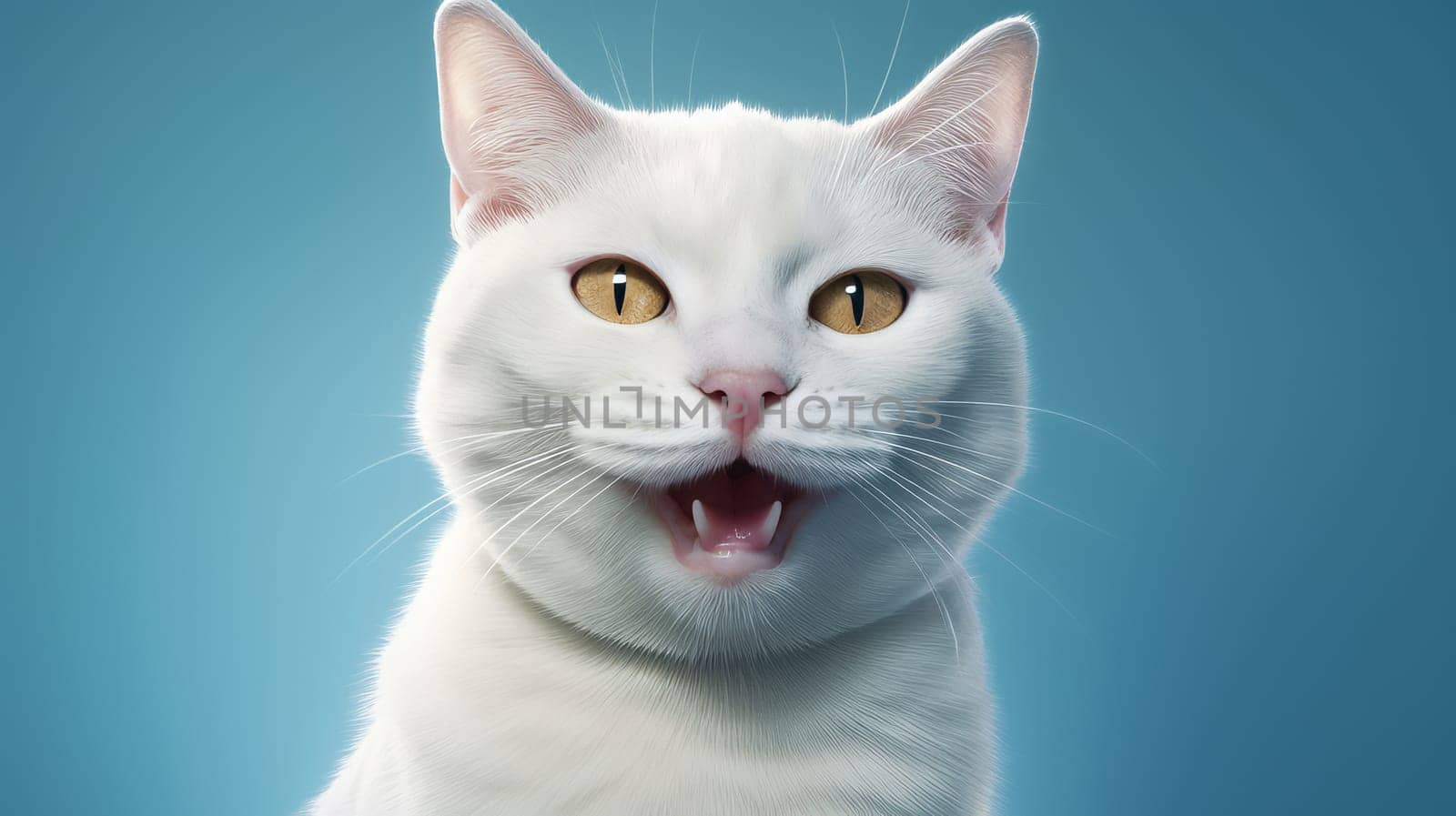 portrait of happy white cat with opened mouth on Isolated blue background, looks away.