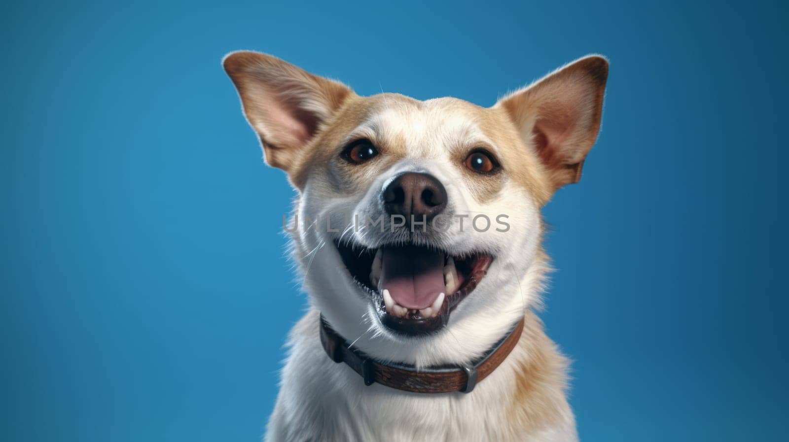 Cute portrait of happy corgi dog with opened mouth on Isolated blue background, look at camera.