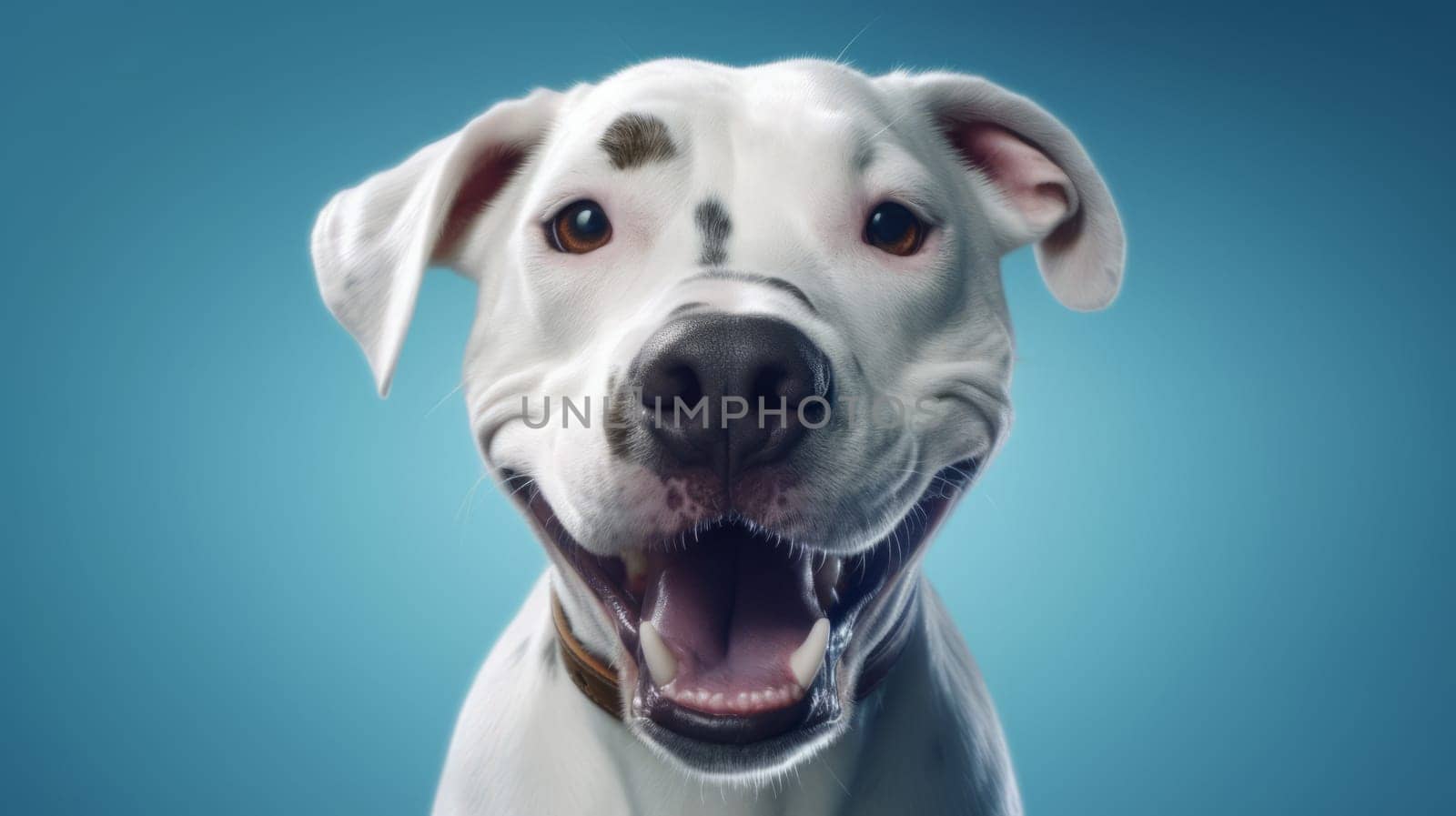 Funny portrait of happy white dog with opened mouth on Isolated blue background, look at camera.